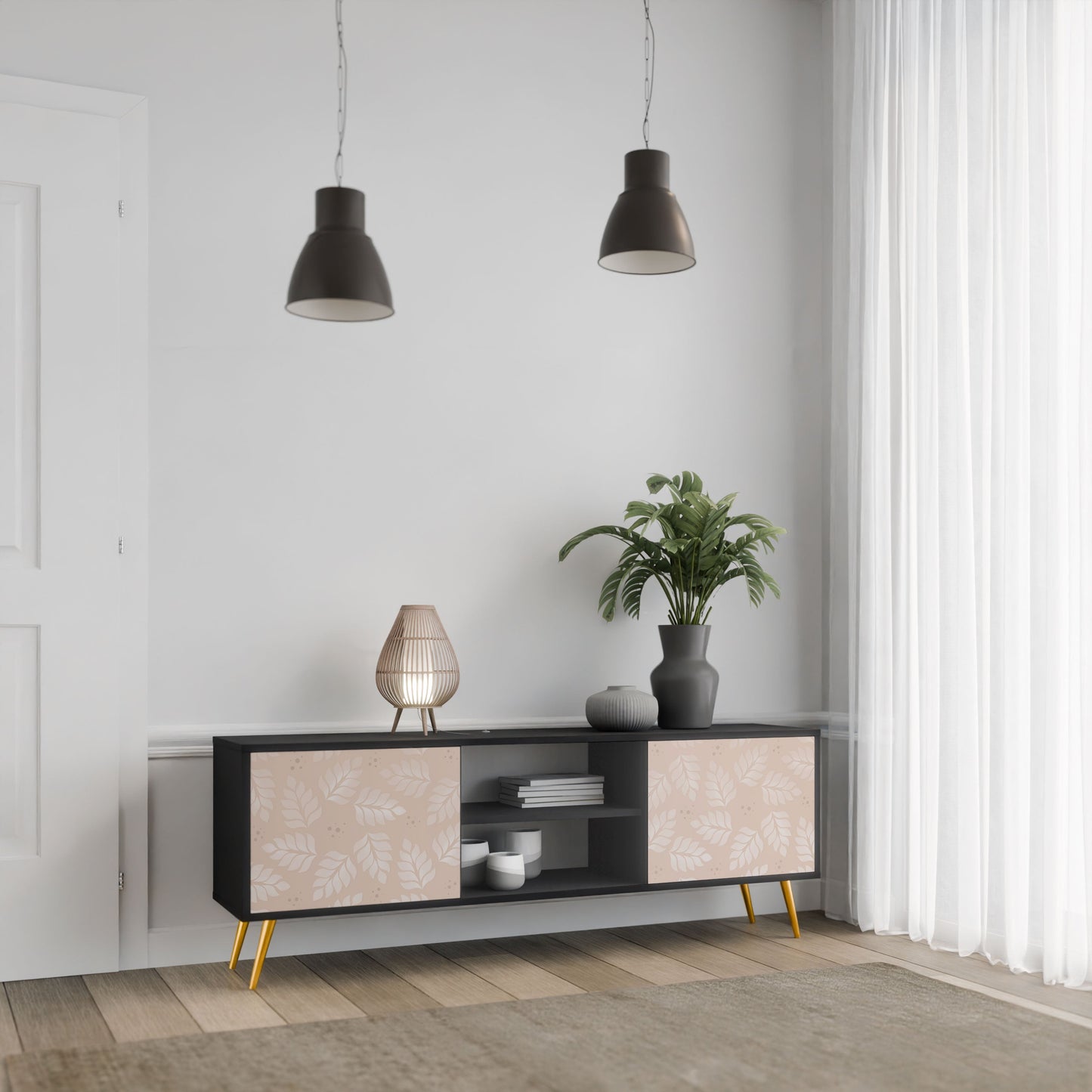 LEAVES ON BEIGE Mobile TV a 2 ante con finitura nera