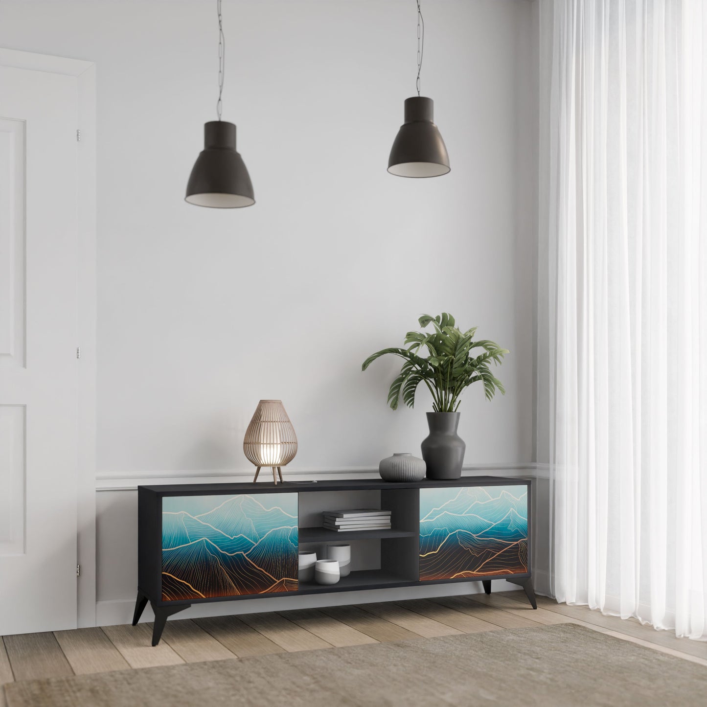 LUNAR SECRETS 2-Door TV Stand in Black Finish