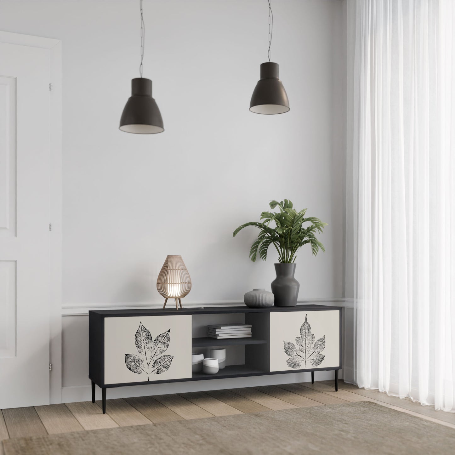 LEAFY STAMPS 2-Door TV Stand in Black Finish
