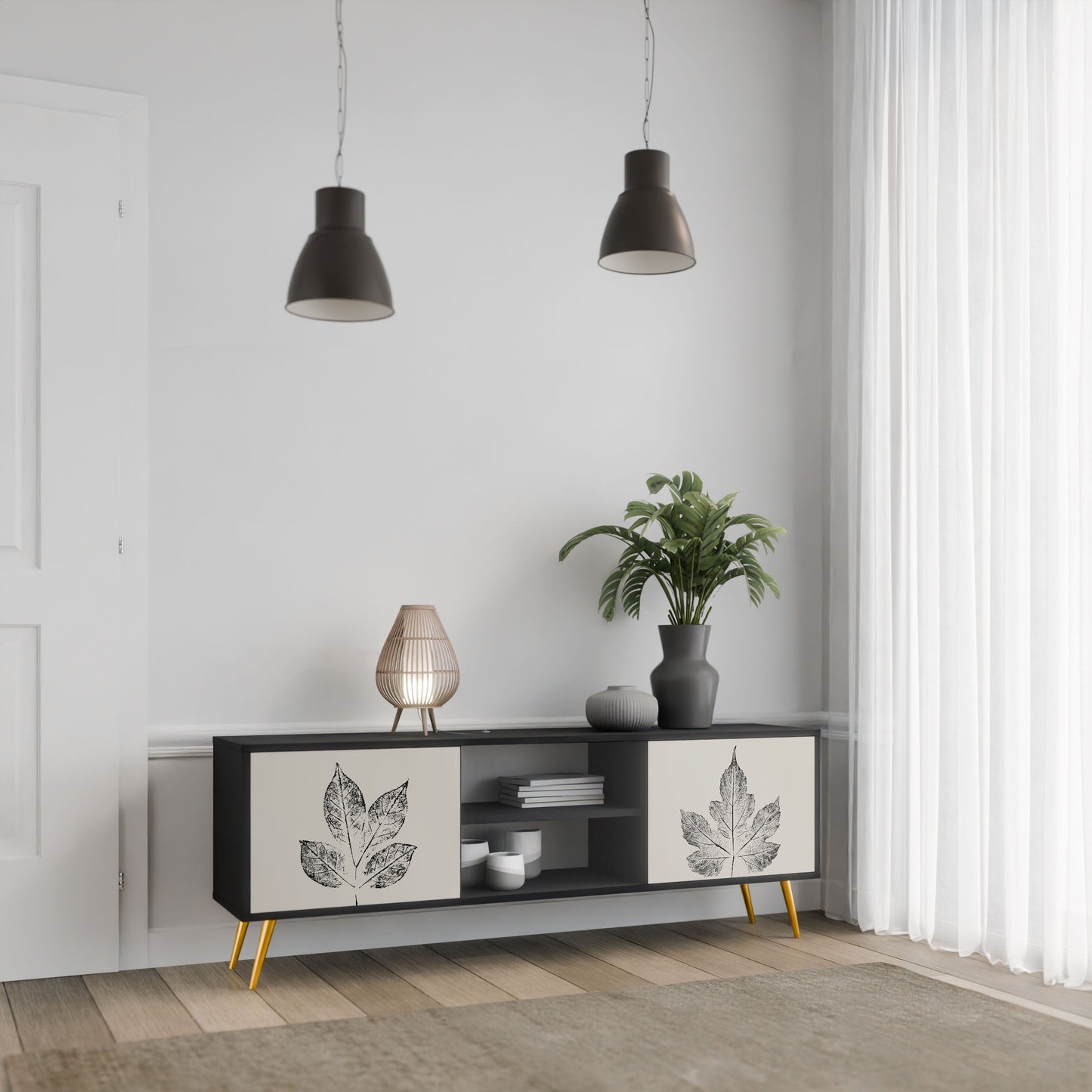 LEAFY STAMPS 2-Door TV Stand in Black Finish