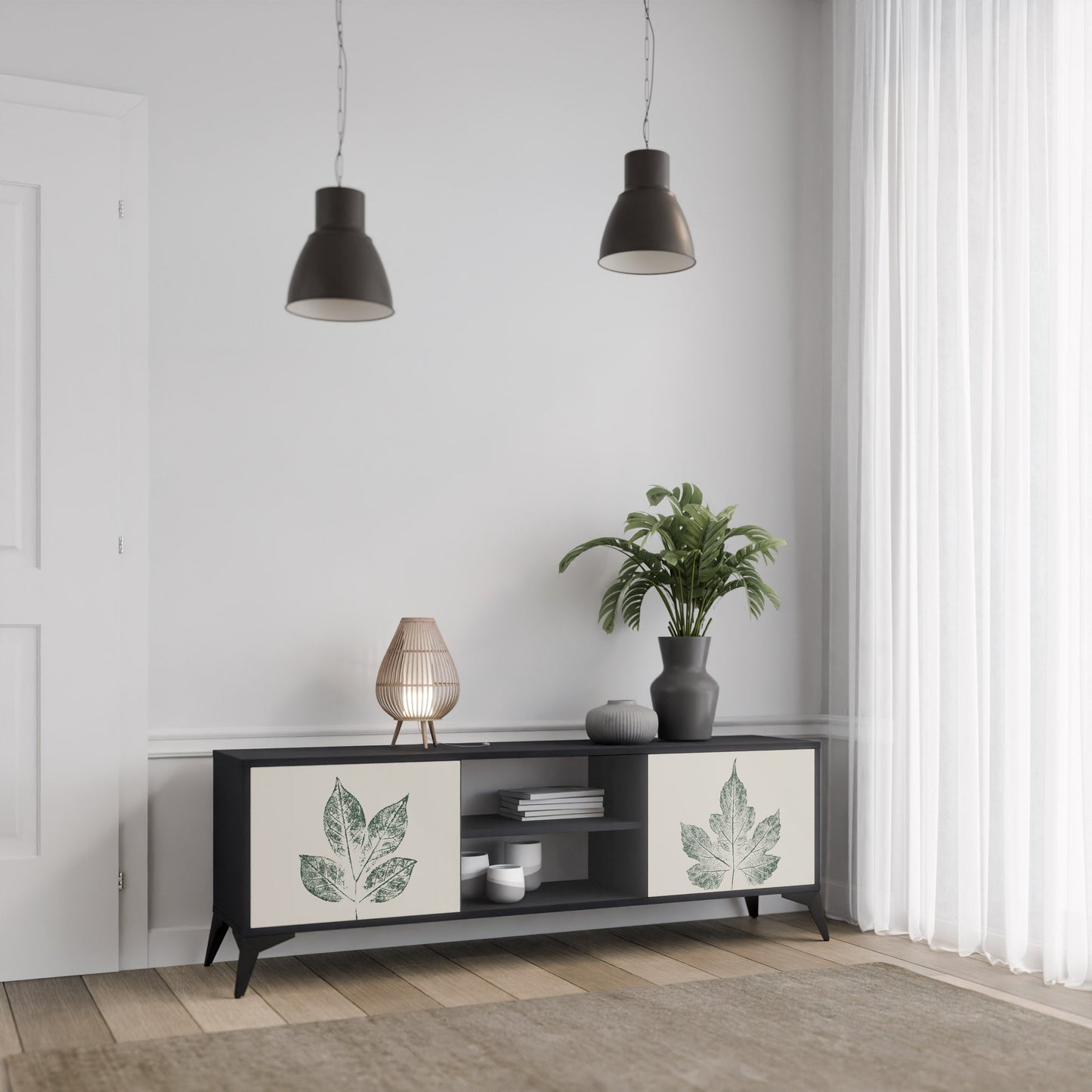Porta TV a 2 ante GREEN LEAFY STAMPS con finitura nera