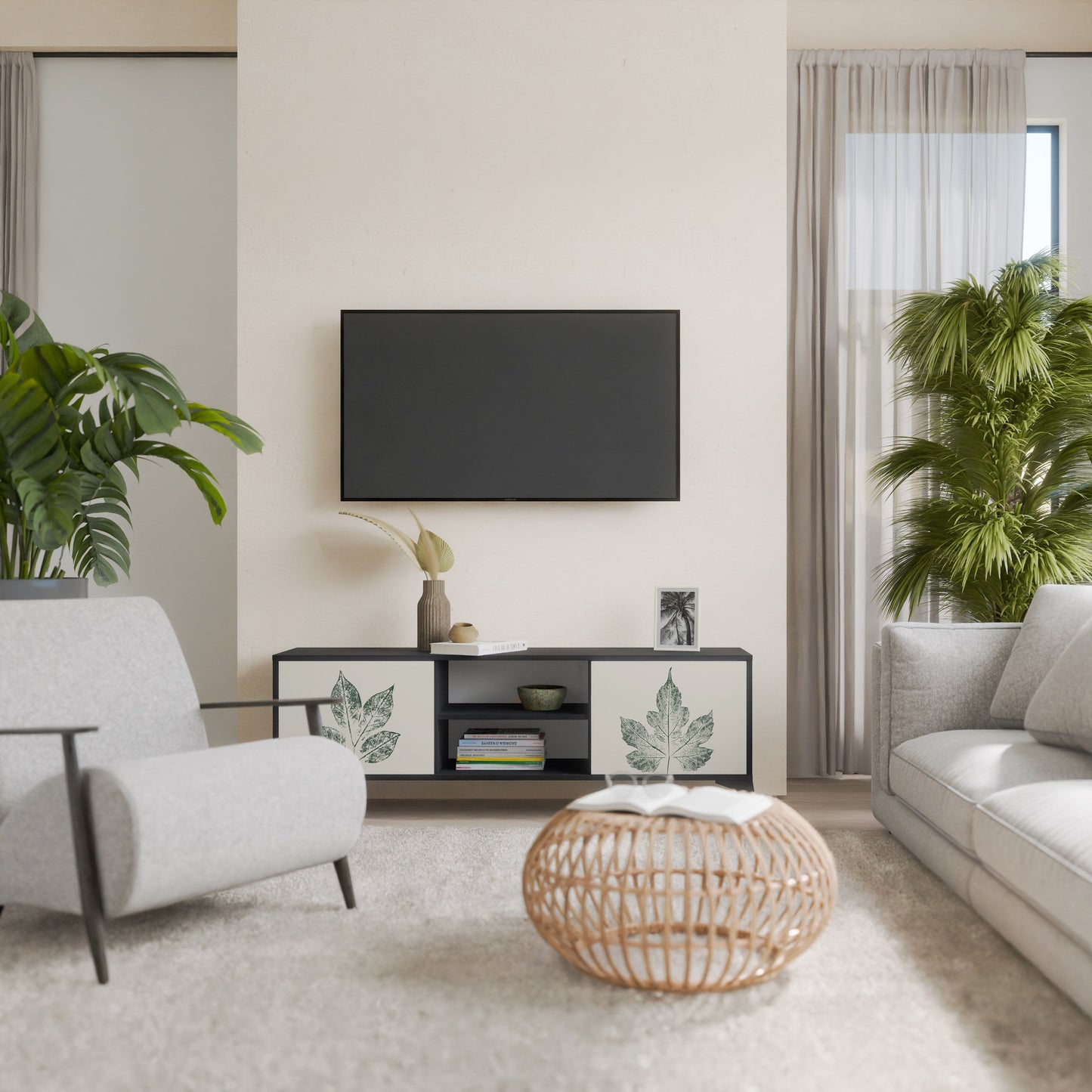 Porta TV a 2 ante GREEN LEAFY STAMPS con finitura nera
