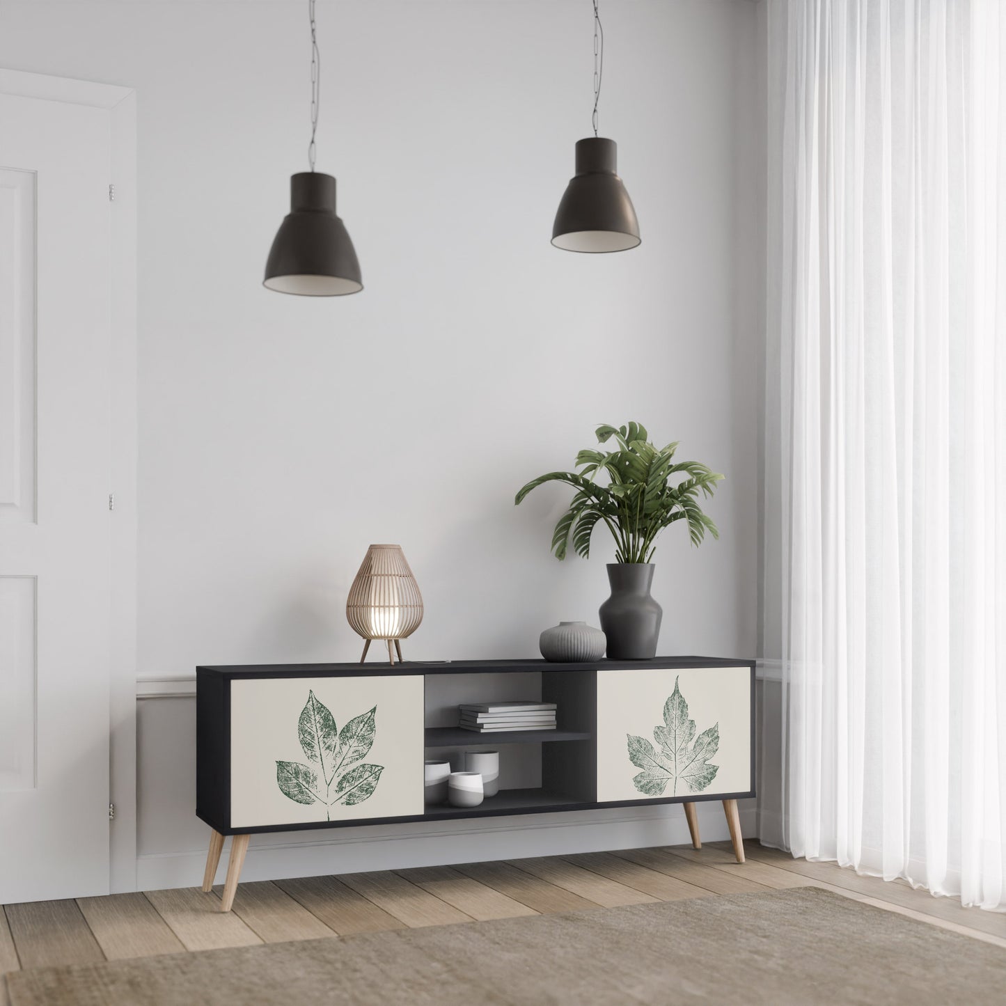 Porta TV a 2 ante GREEN LEAFY STAMPS con finitura nera