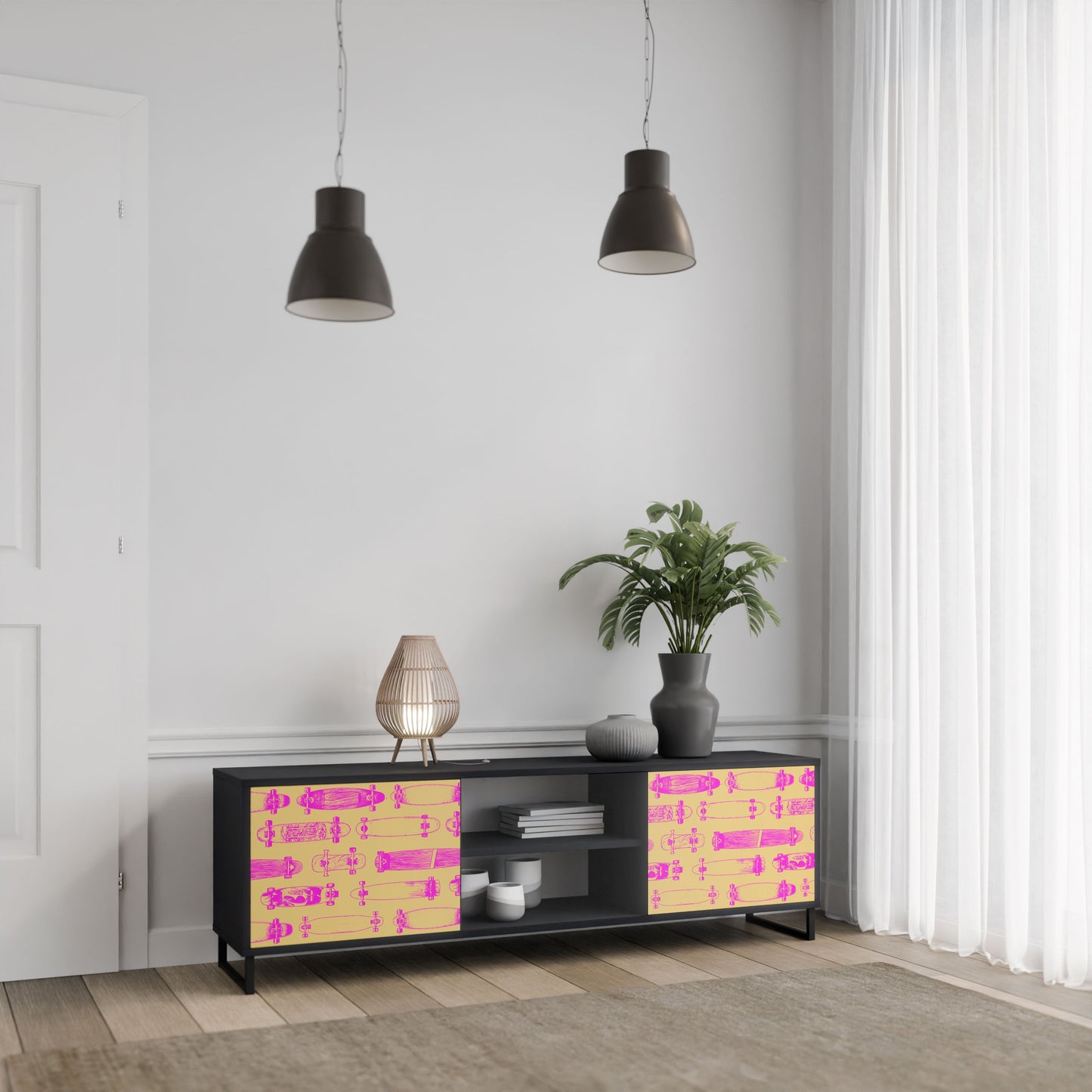 SKATEBOARD ARTISTRY 2-Door TV Stand in Black Finish
