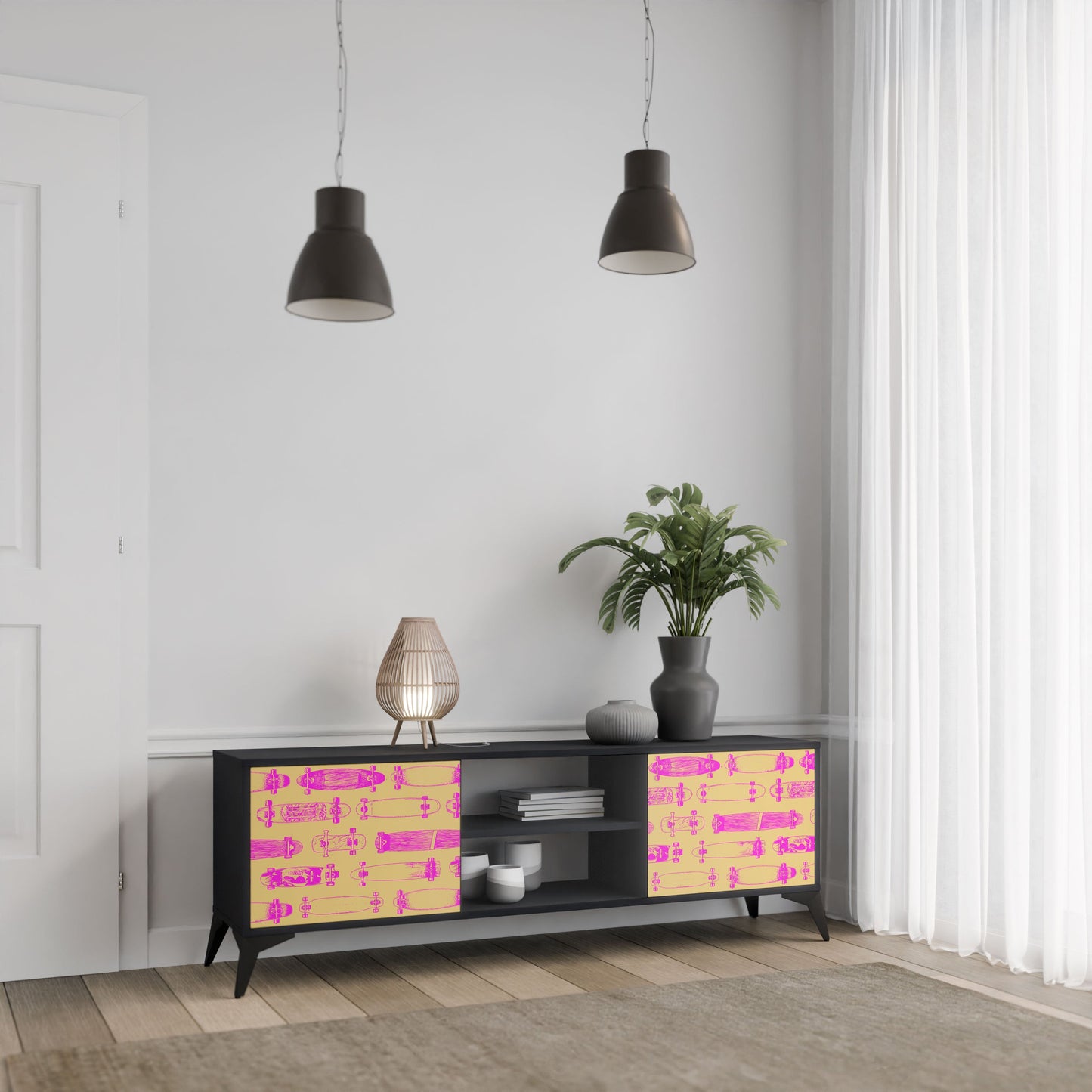 SKATEBOARD ARTISTRY 2-Door TV Stand in Black Finish