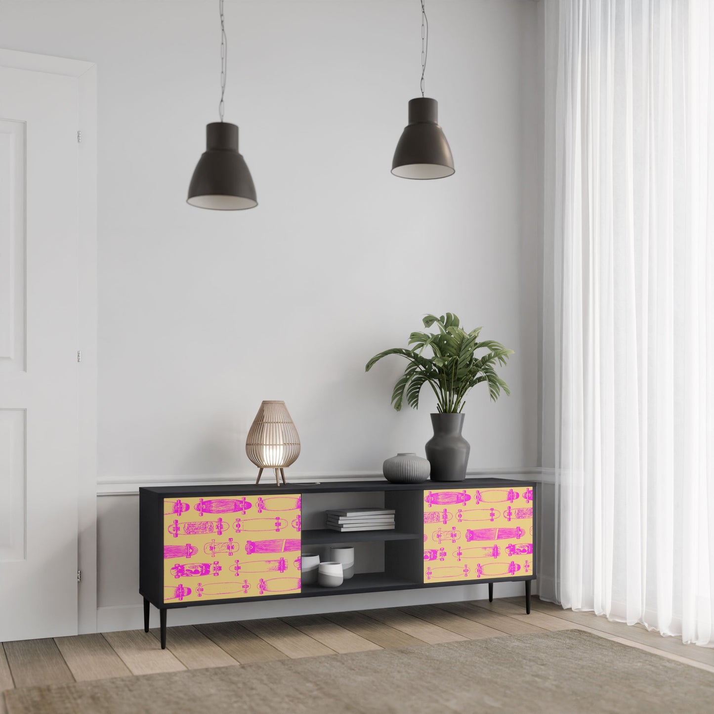 SKATEBOARD ARTISTRY 2-Door TV Stand in Black Finish