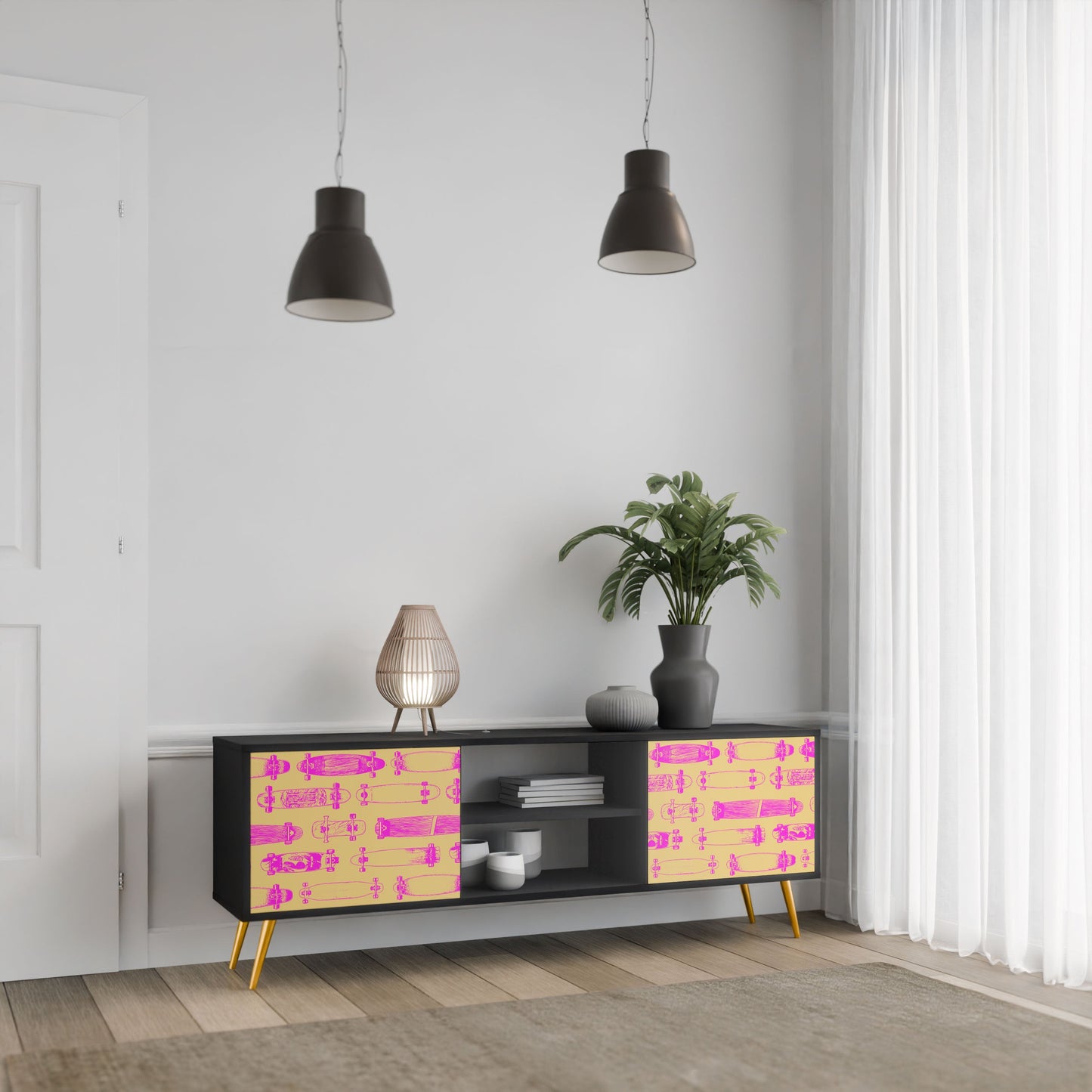 SKATEBOARD ARTISTRY 2-Door TV Stand in Black Finish