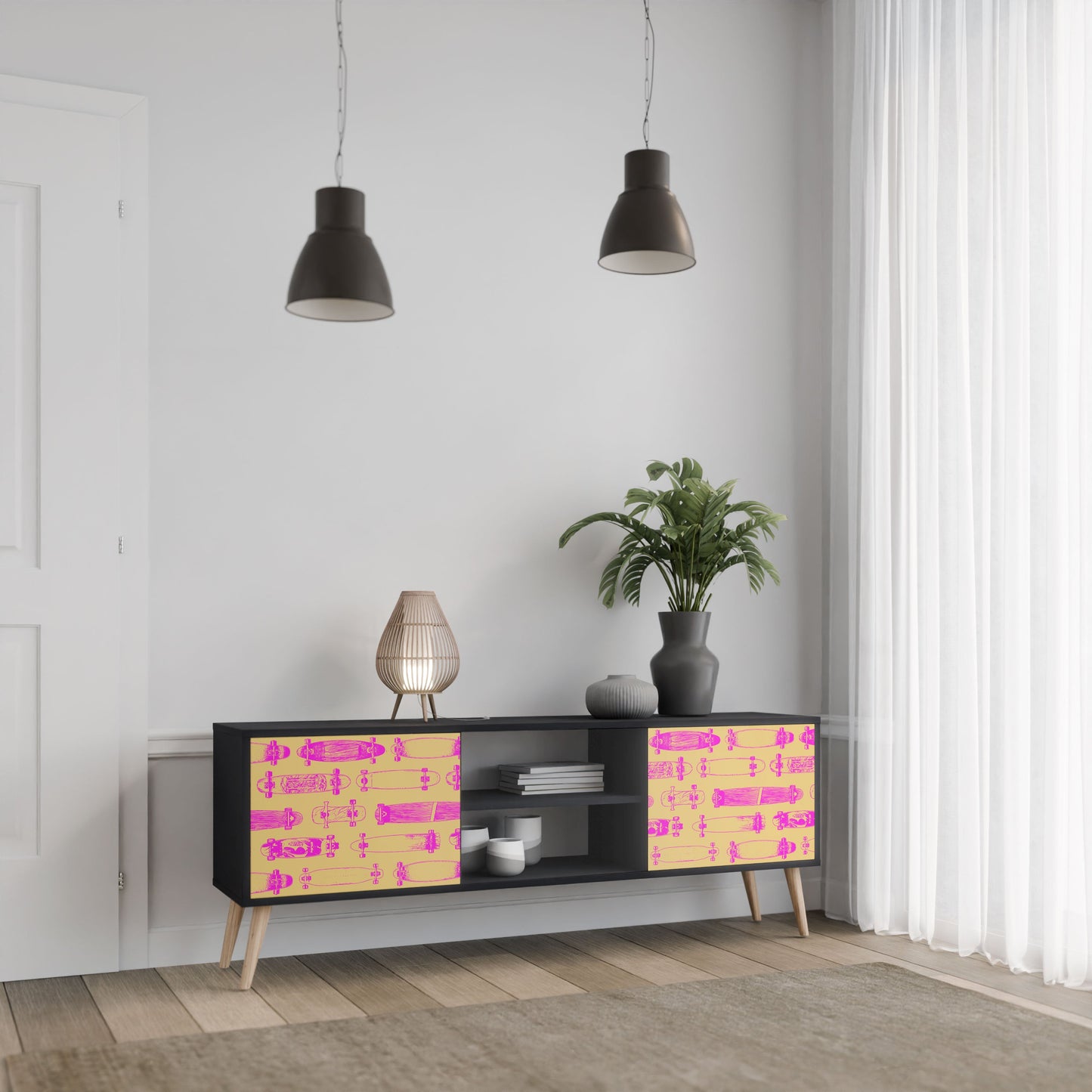 SKATEBOARD ARTISTRY 2-Door TV Stand in Black Finish