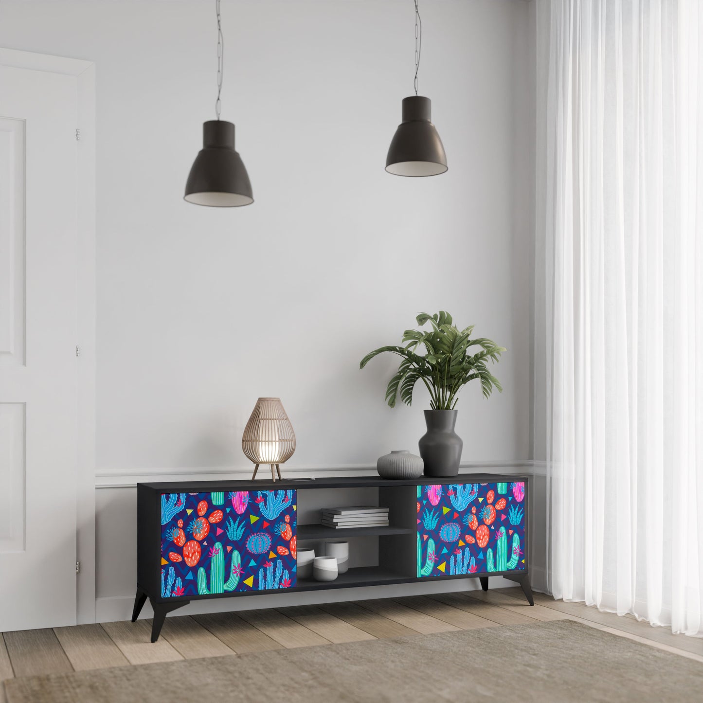 CACTUS VIBES 2-Door TV Stand in Black Finish