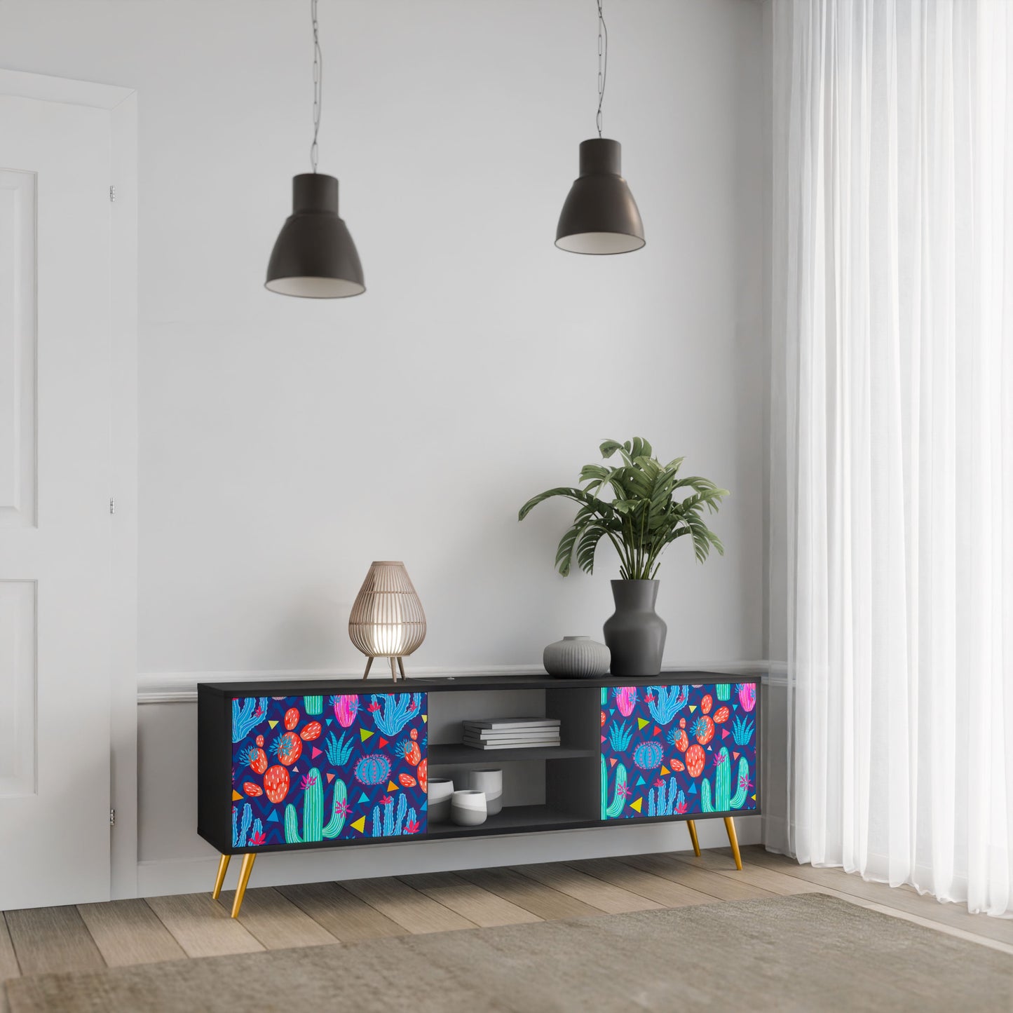 CACTUS VIBES 2-Door TV Stand in Black Finish