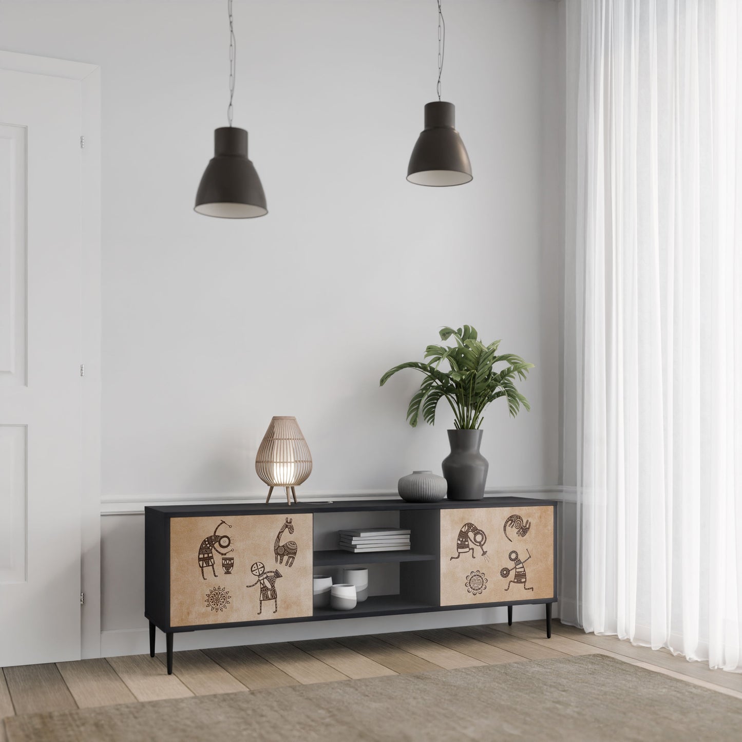 AFRICAN STYLE 2-Door TV Stand in Black Finish