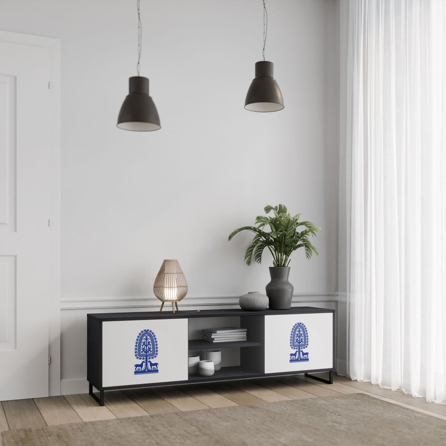 POLISH FOLK ART 2-Door TV Stand in Black Finish