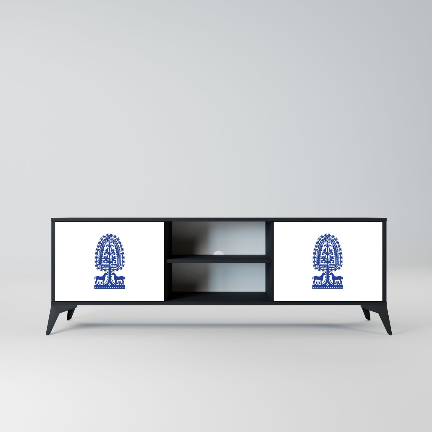 POLISH FOLK ART 2-Door TV Stand in Black Finish