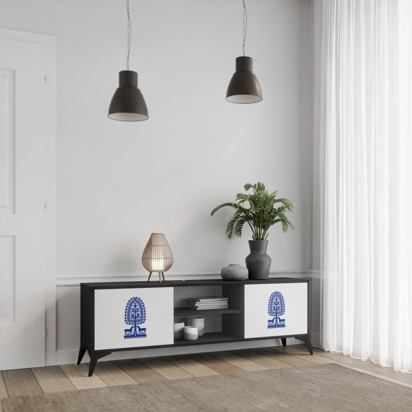 POLISH FOLK ART 2-Door TV Stand in Black Finish