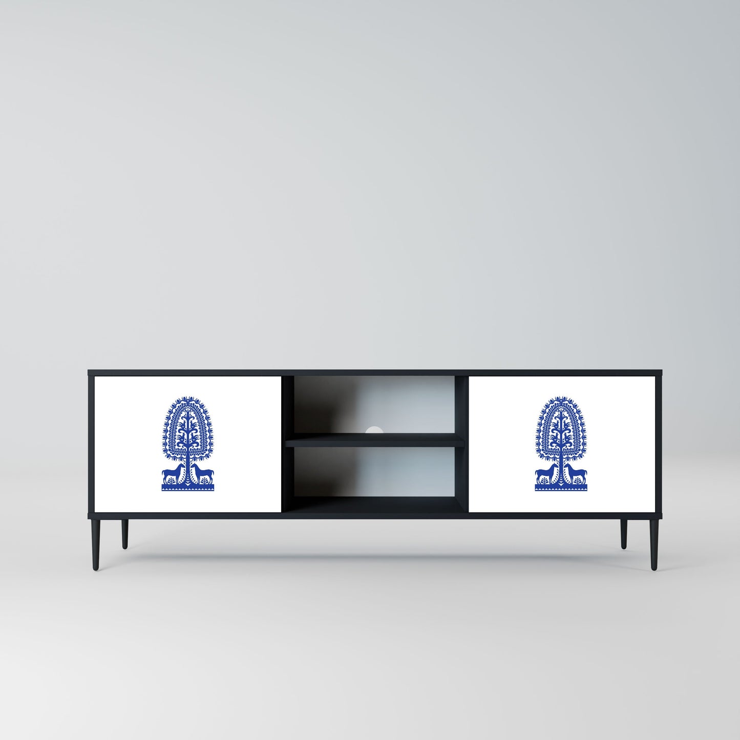 POLISH FOLK ART 2-Door TV Stand in Black Finish