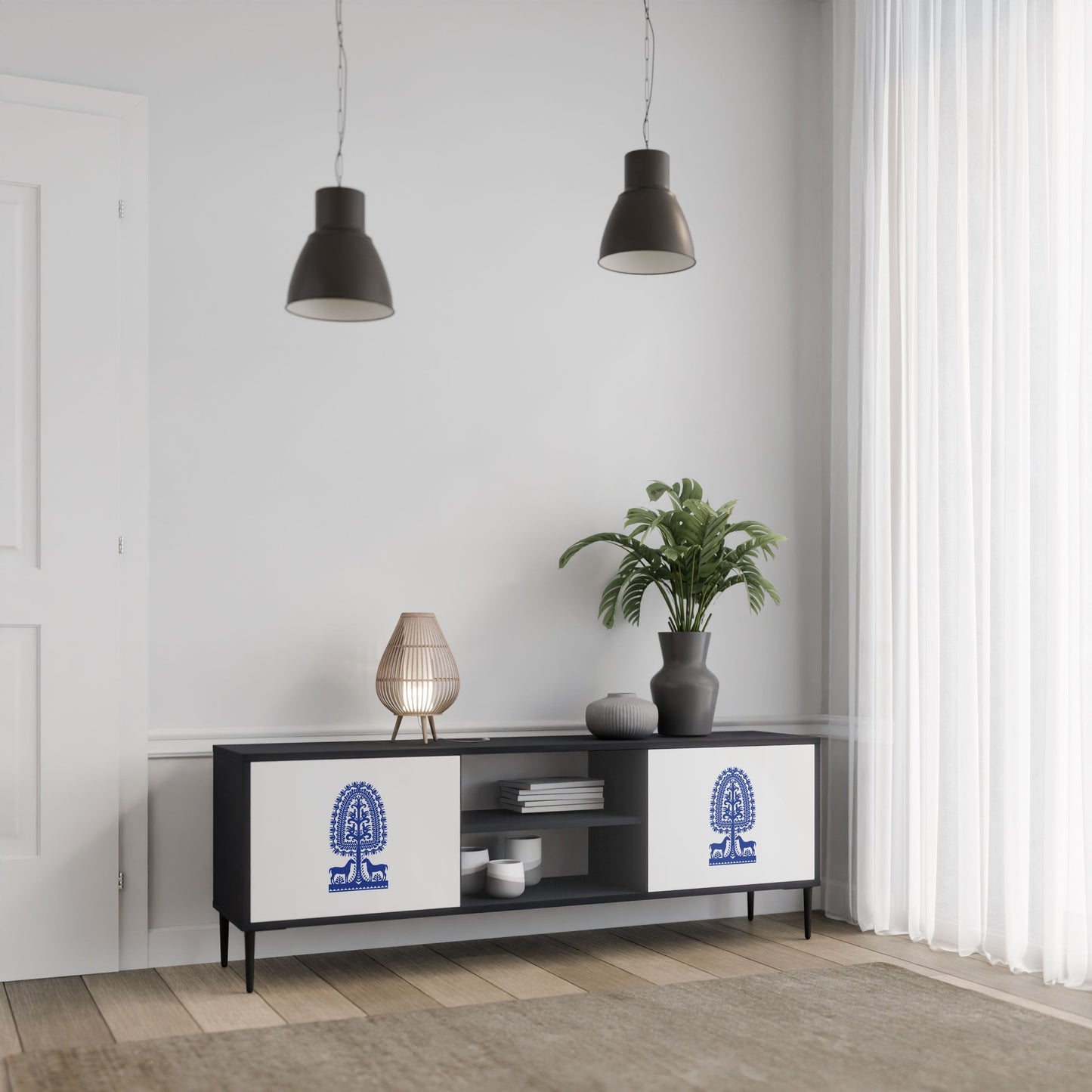 POLISH FOLK ART 2-Door TV Stand in Black Finish