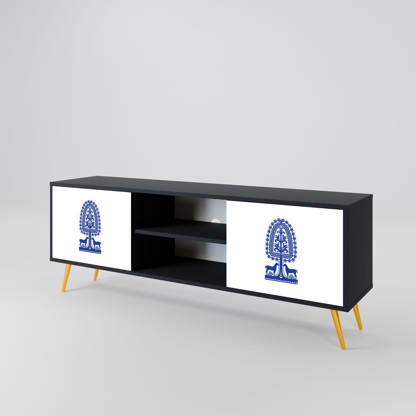 POLISH FOLK ART 2-Door TV Stand in Black Finish
