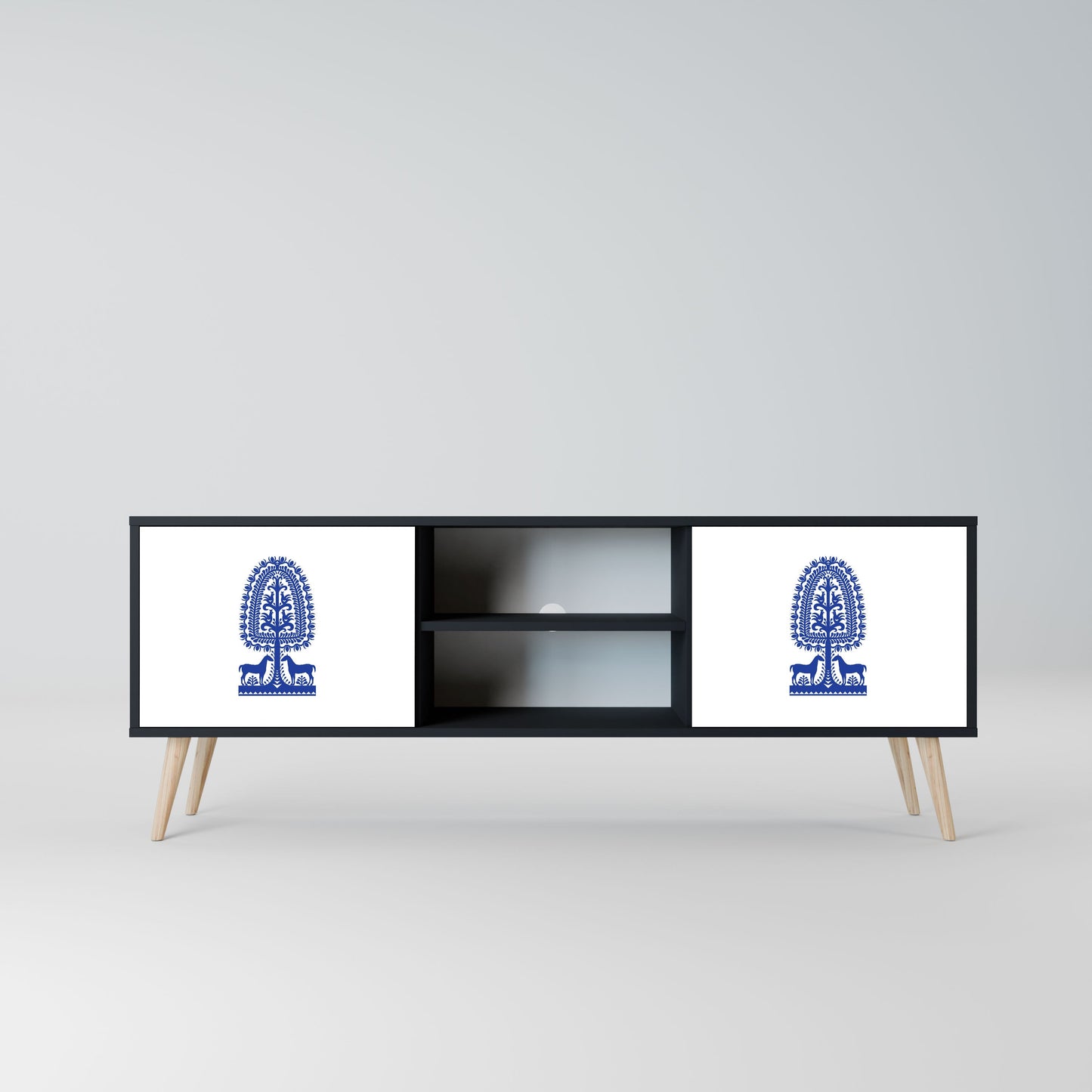 POLISH FOLK ART 2-Door TV Stand in Black Finish