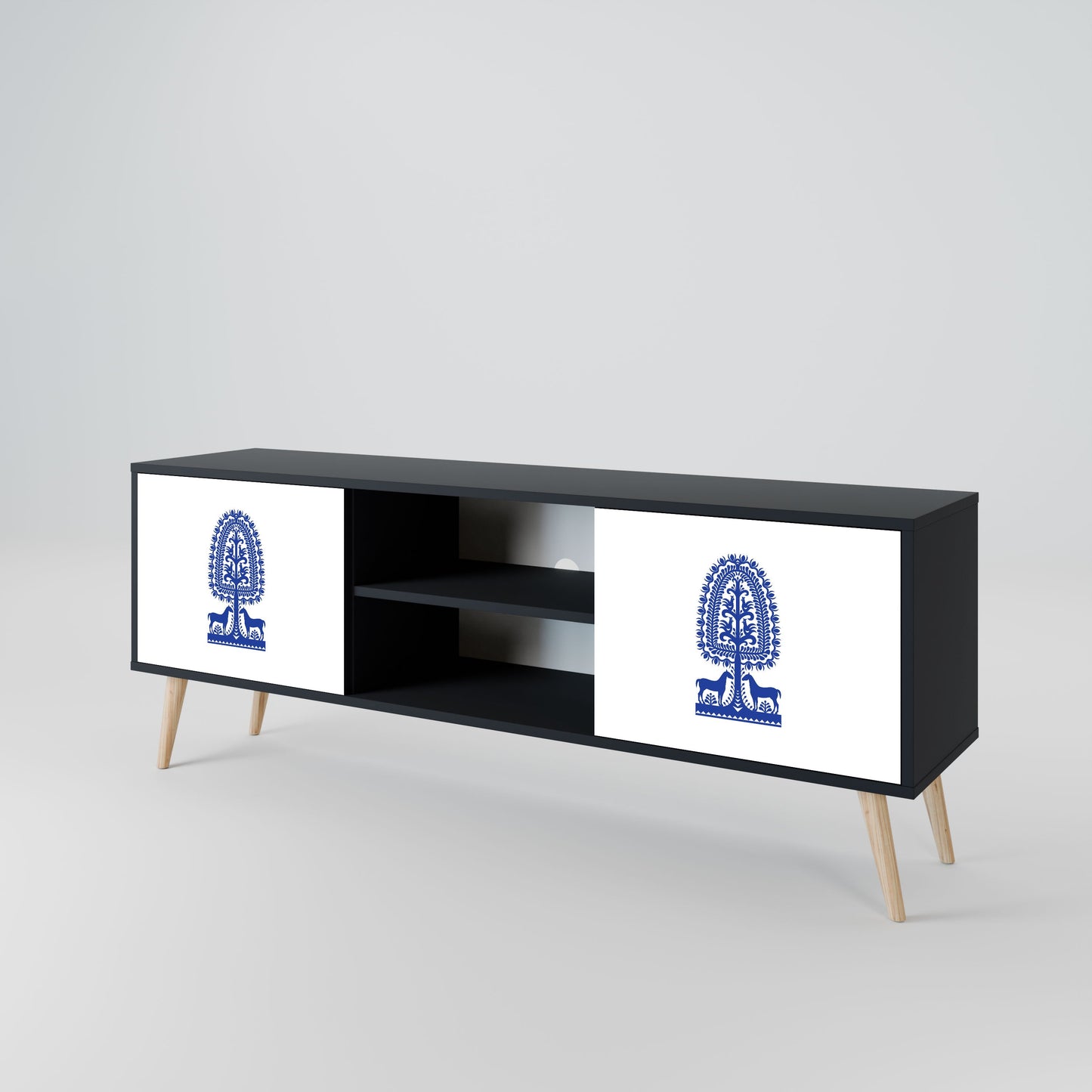 POLISH FOLK ART 2-Door TV Stand in Black Finish
