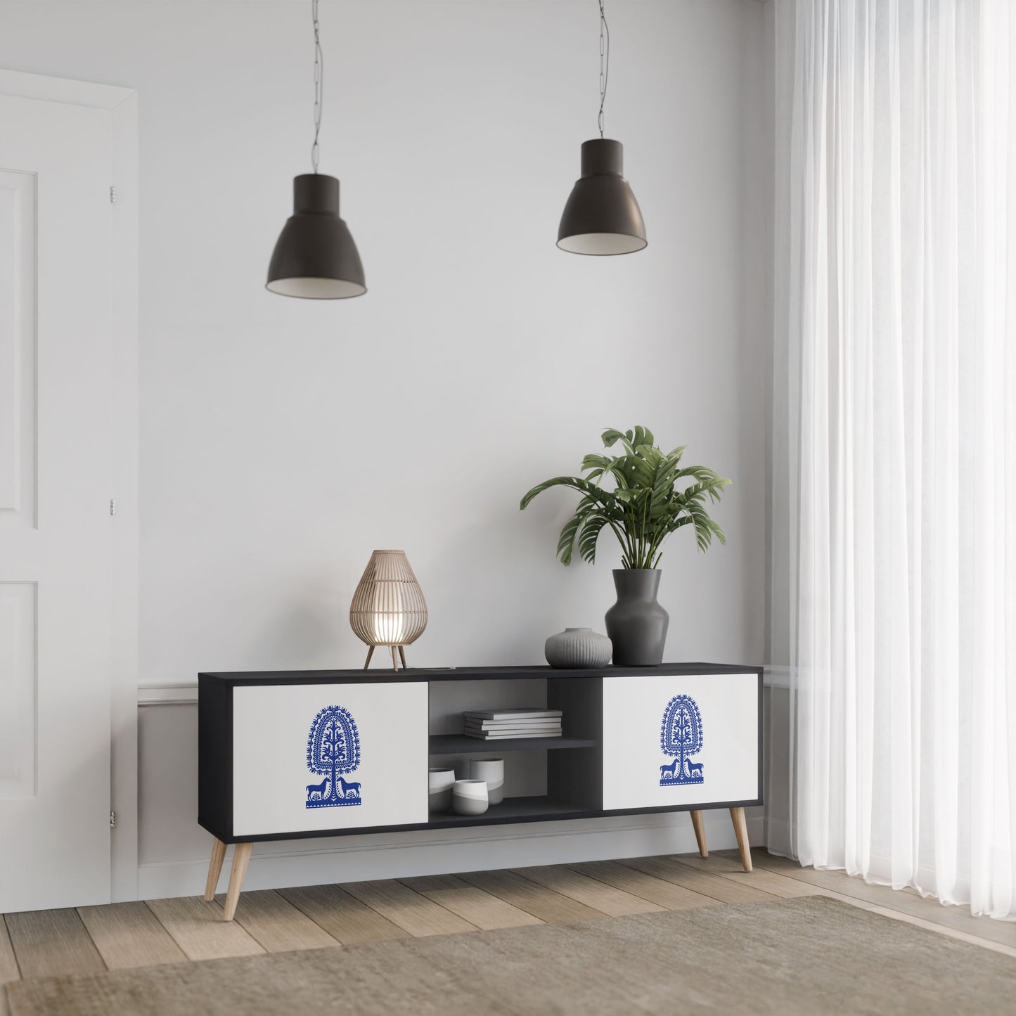 POLISH FOLK ART 2-Door TV Stand in Black Finish