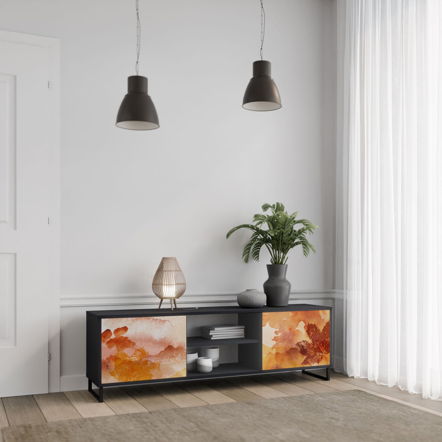 TRACES OF AUTUMN 2-Door TV Stand in Black Finish