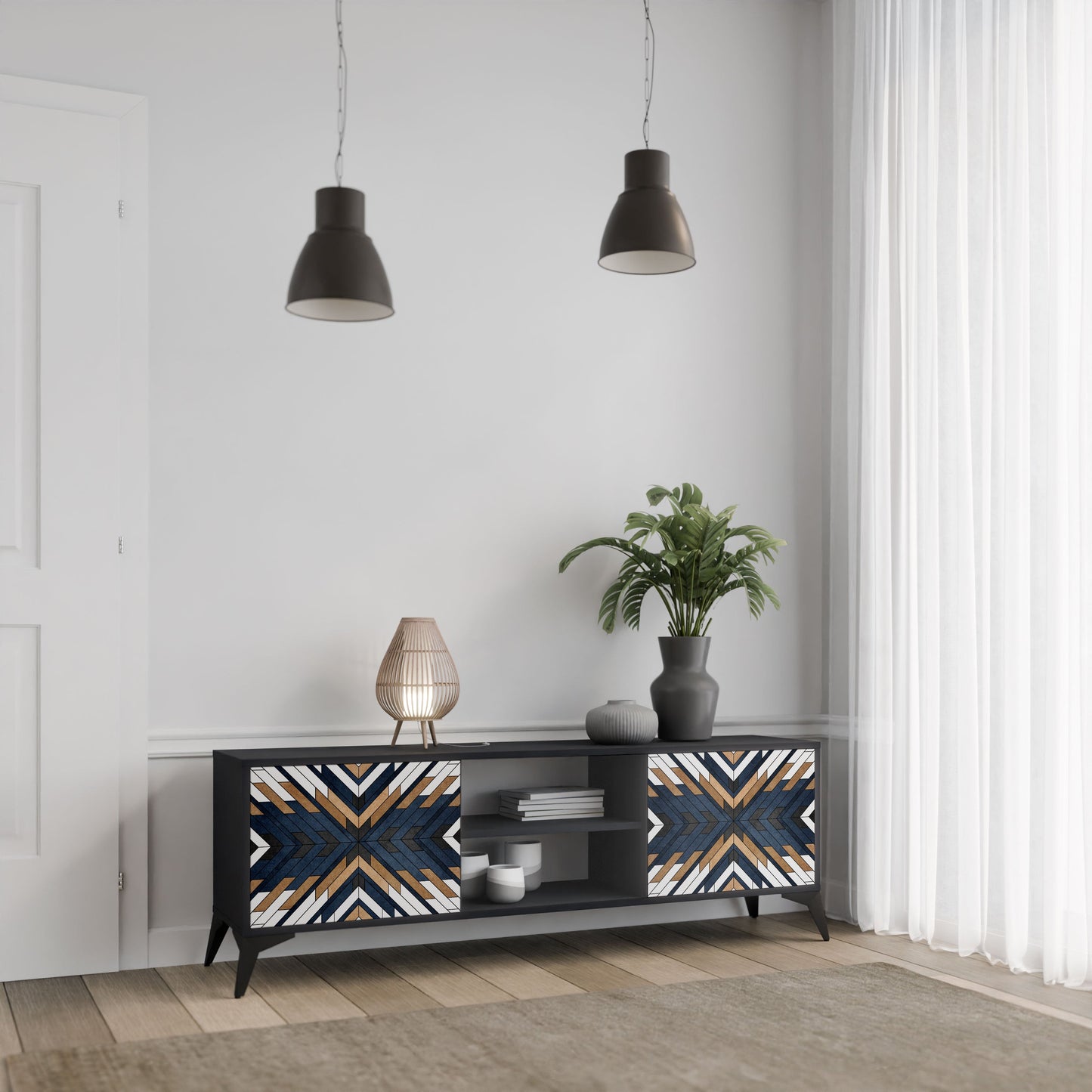 ARTFUL GEOMETRY 2-Door TV Stand in Black Finish