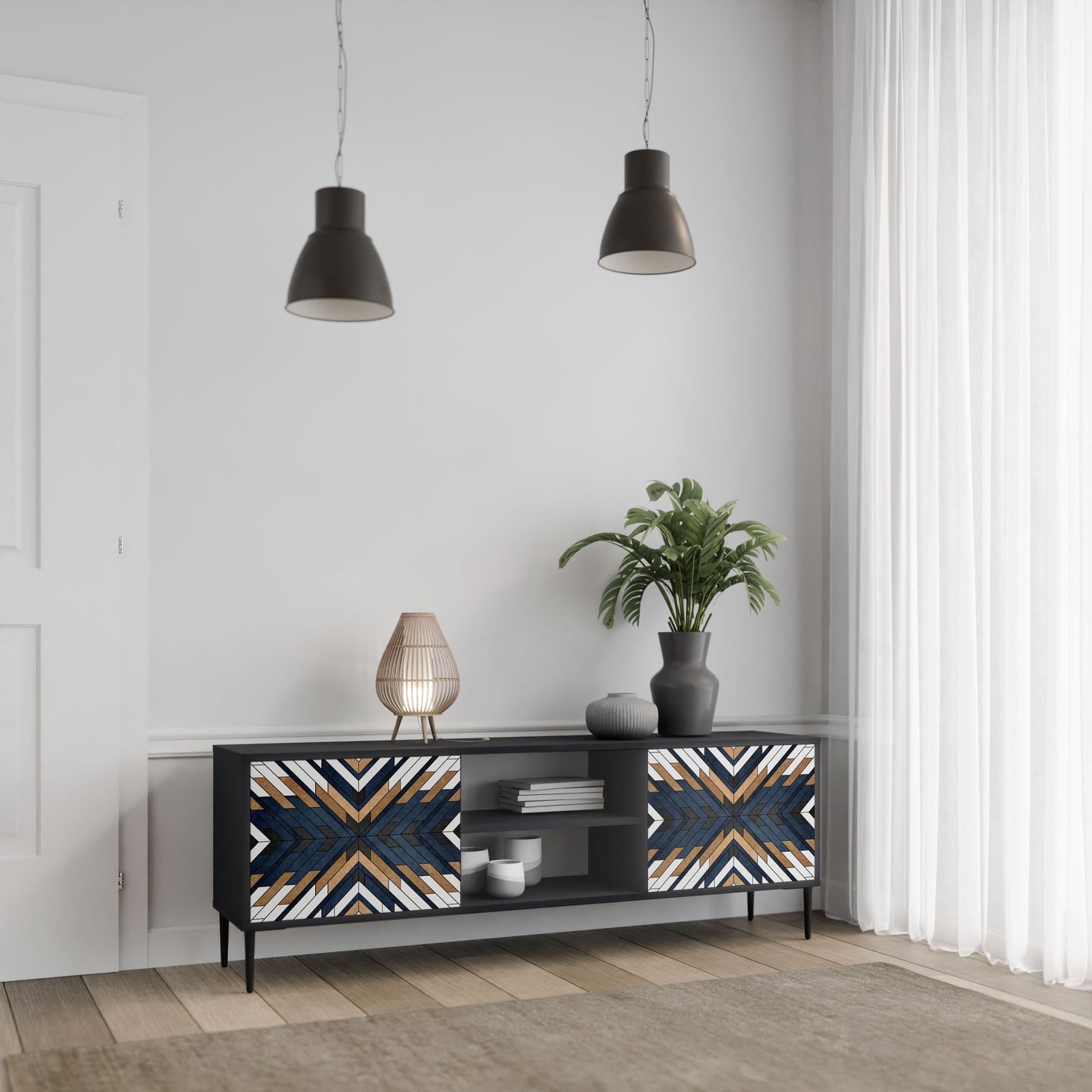 ARTFUL GEOMETRY 2-Door TV Stand in Black Finish
