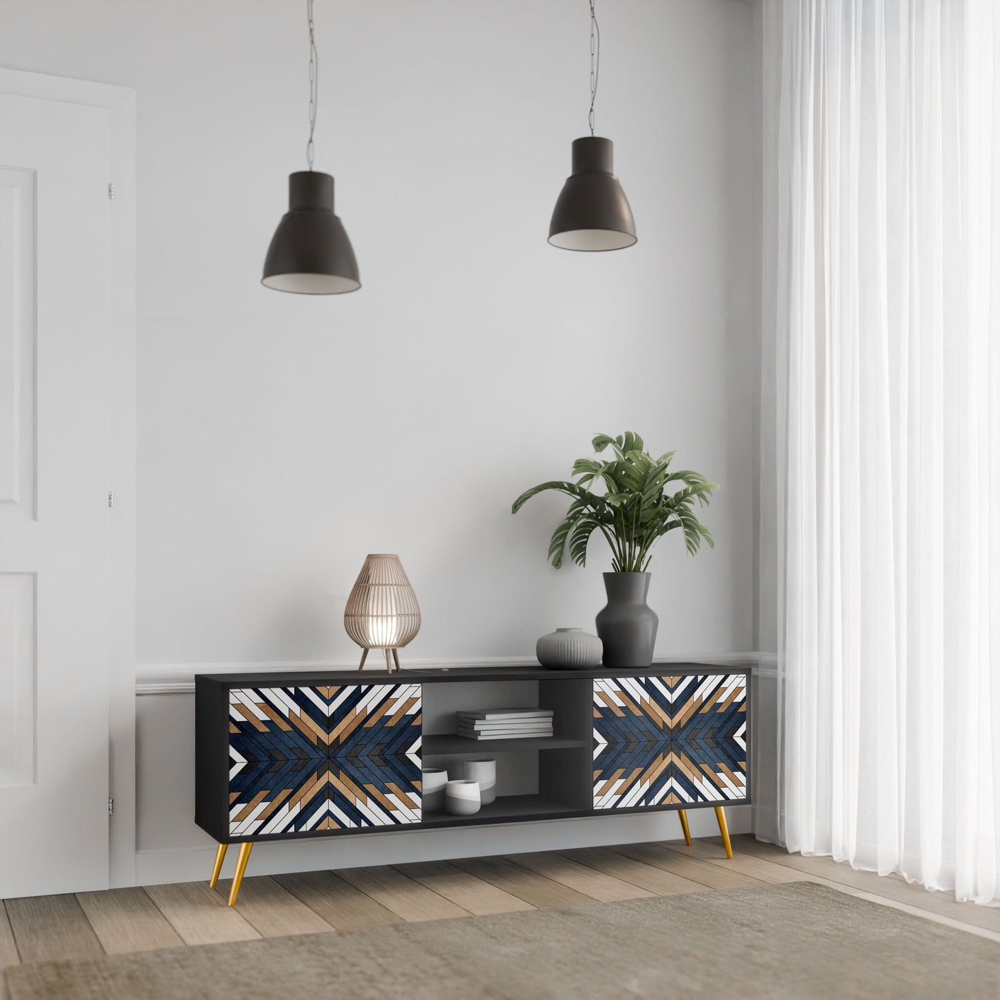 ARTFUL GEOMETRY 2-Door TV Stand in Black Finish