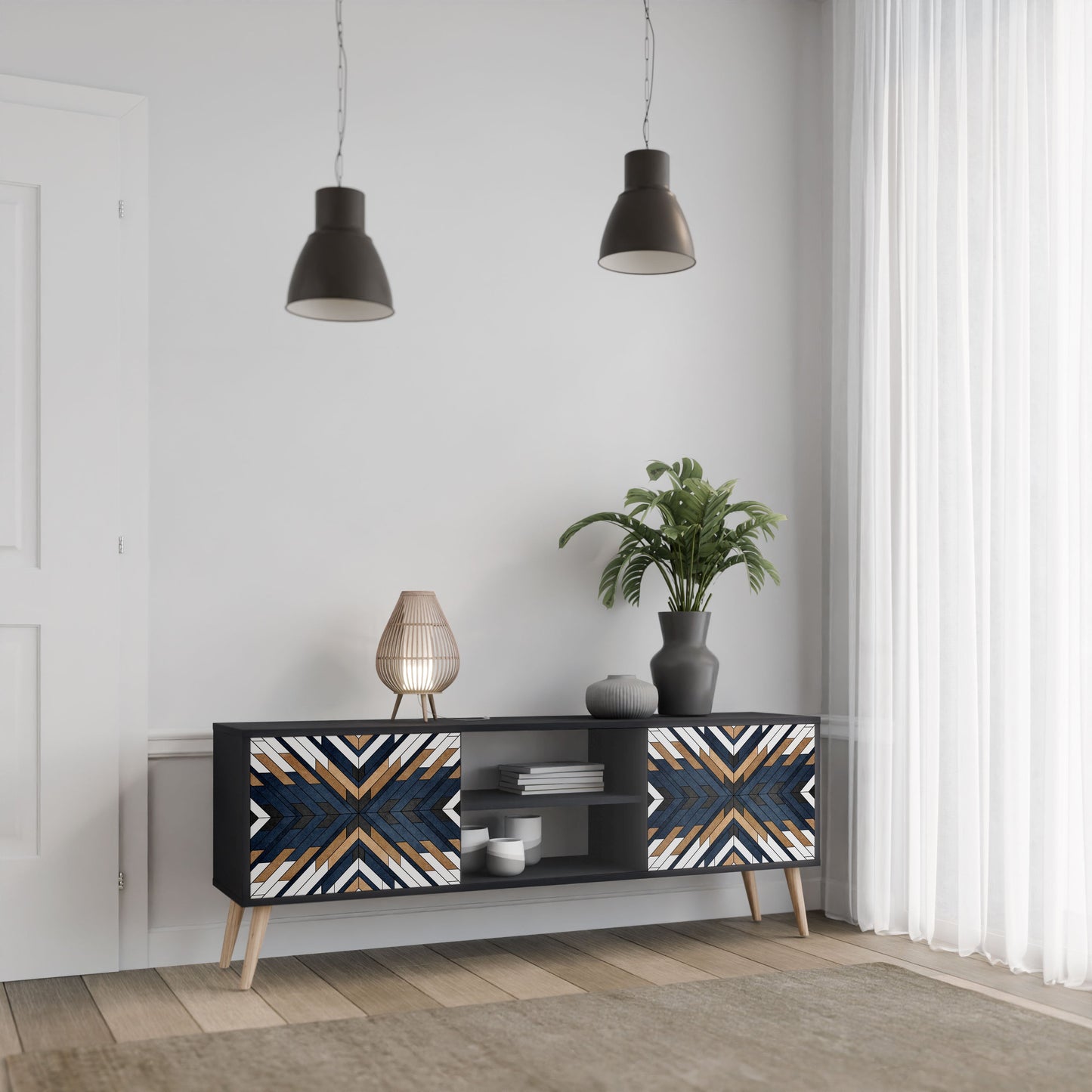 ARTFUL GEOMETRY 2-Door TV Stand in Black Finish