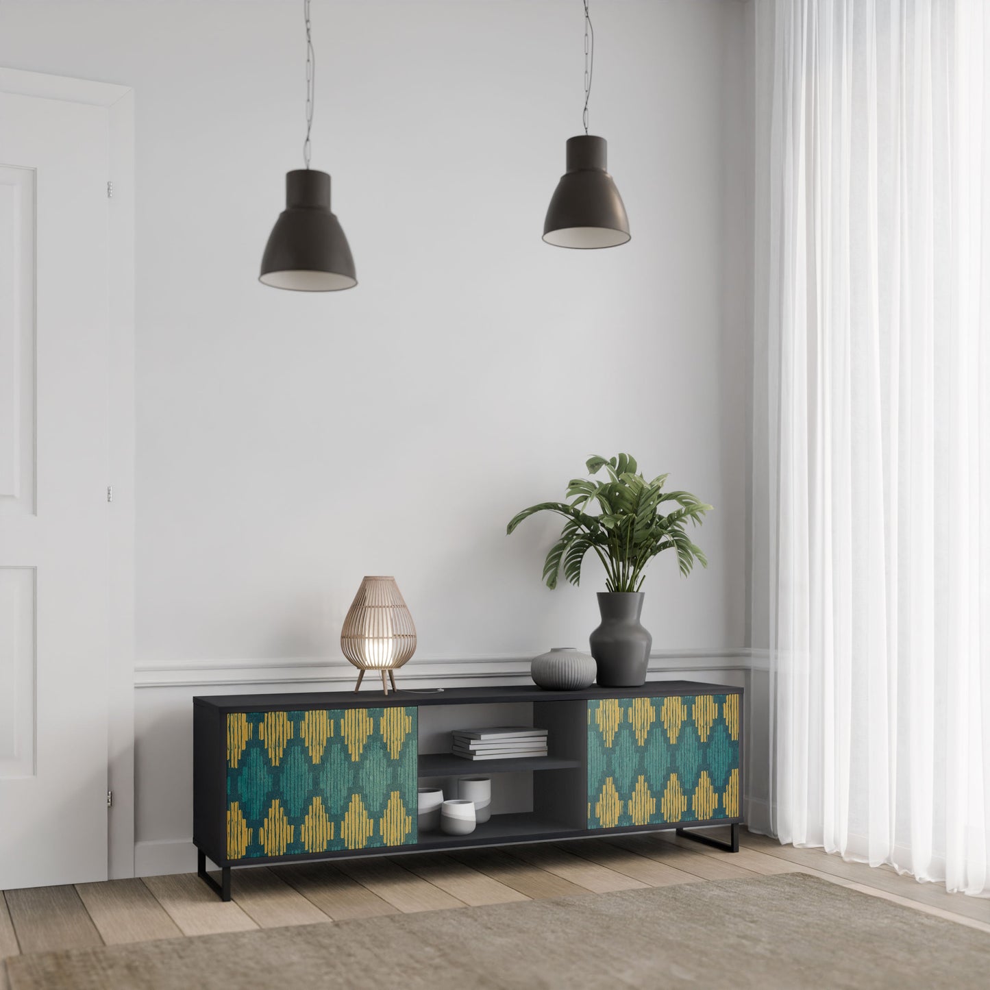 POLYGONS 2-Door TV Stand in Black Finish