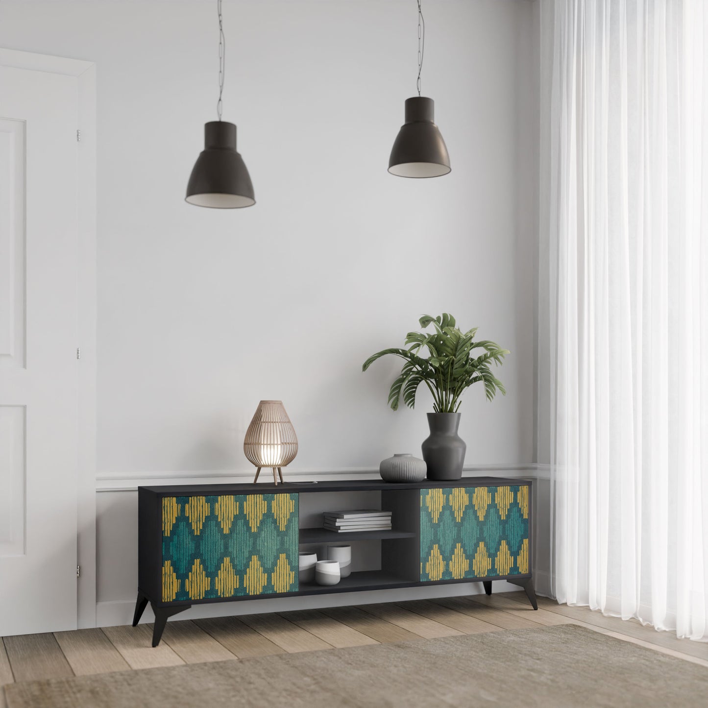POLYGONS 2-Door TV Stand in Black Finish