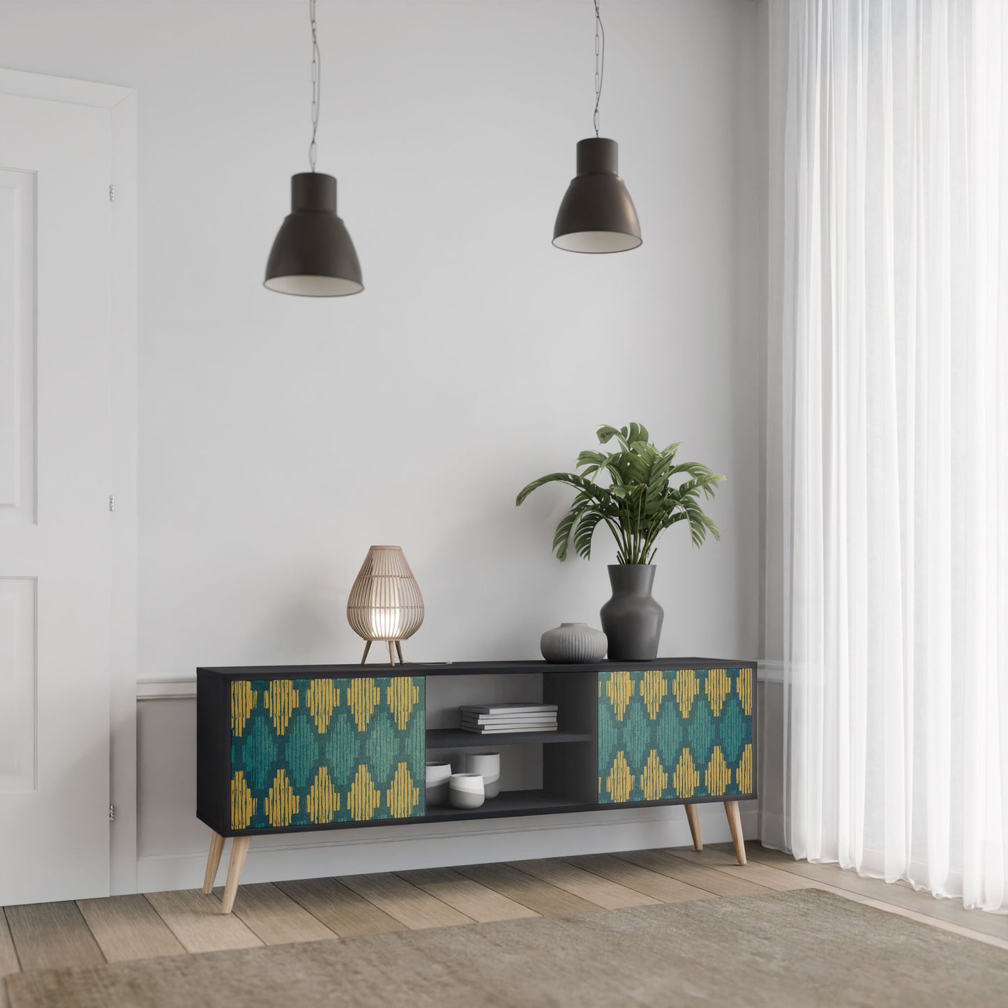 POLYGONS 2-Door TV Stand in Black Finish