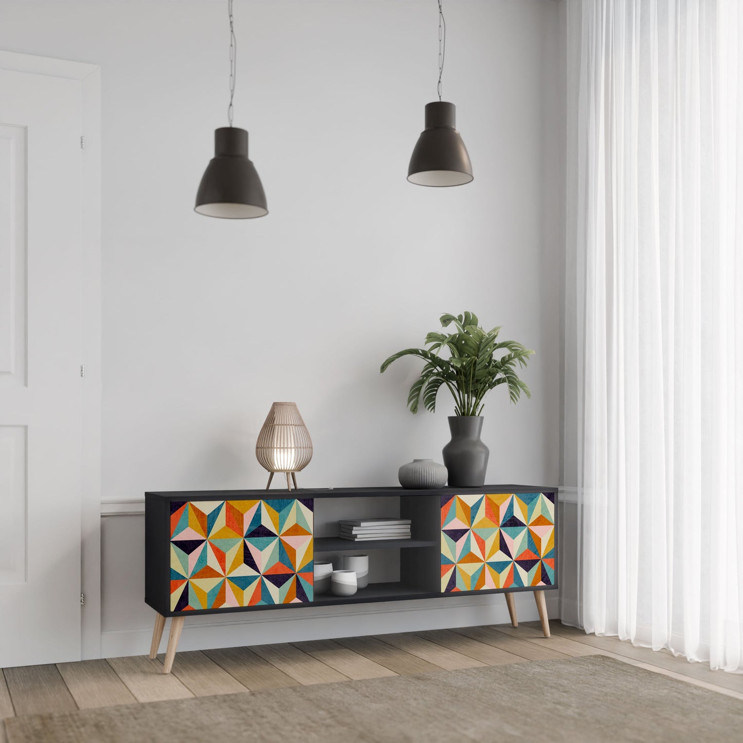 TESSELATE TREASURES 2-Door TV Stand in Black Finish