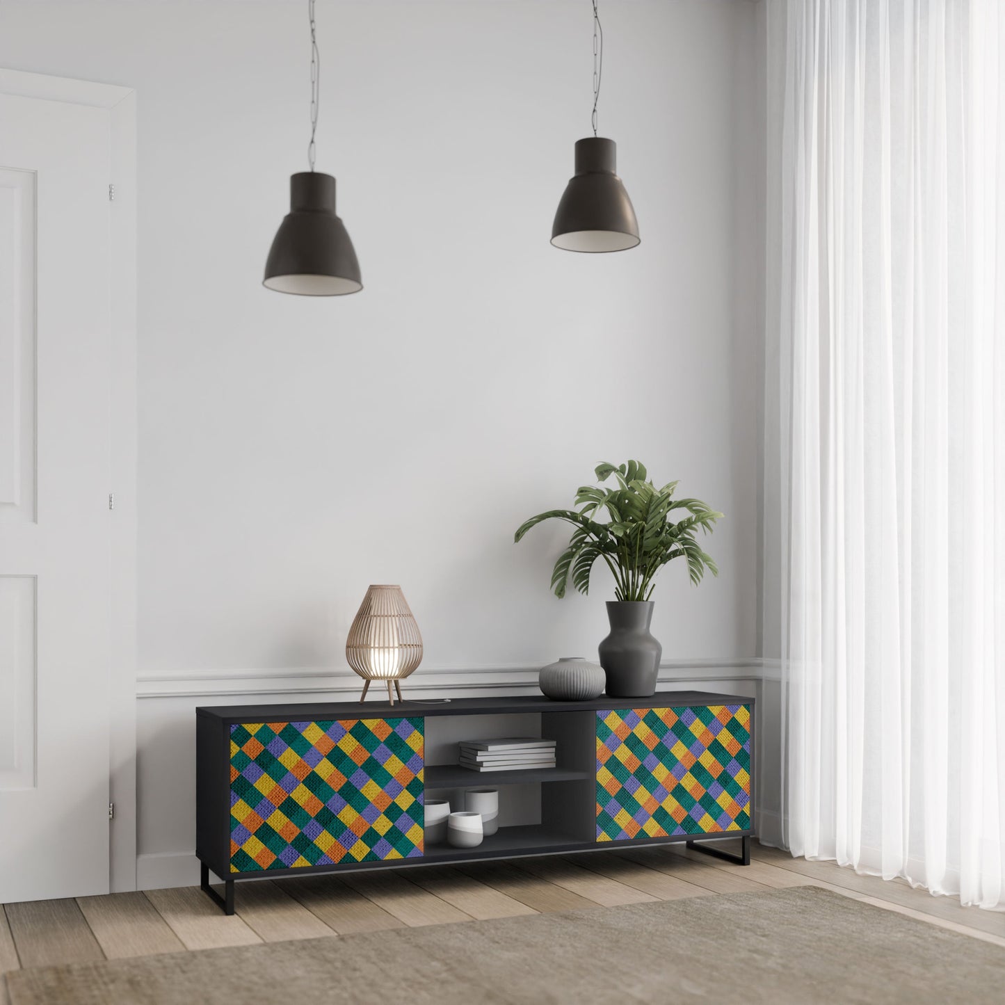 PAINTED SQUARES MIX 2-Door TV Stand in Black Finish