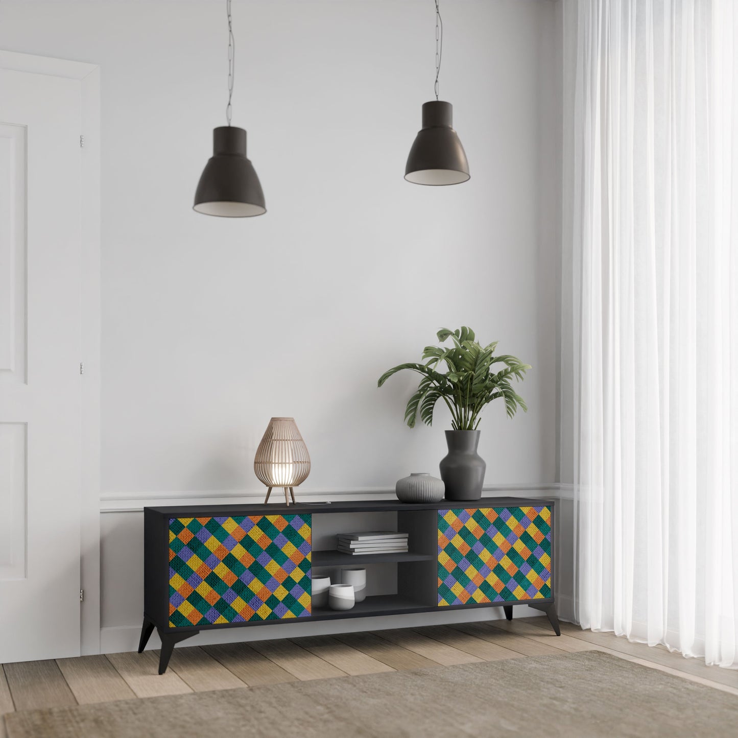 PAINTED SQUARES MIX 2-Door TV Stand in Black Finish
