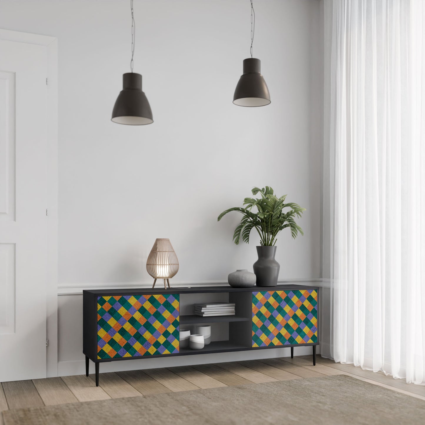 PAINTED SQUARES MIX 2-Door TV Stand in Black Finish