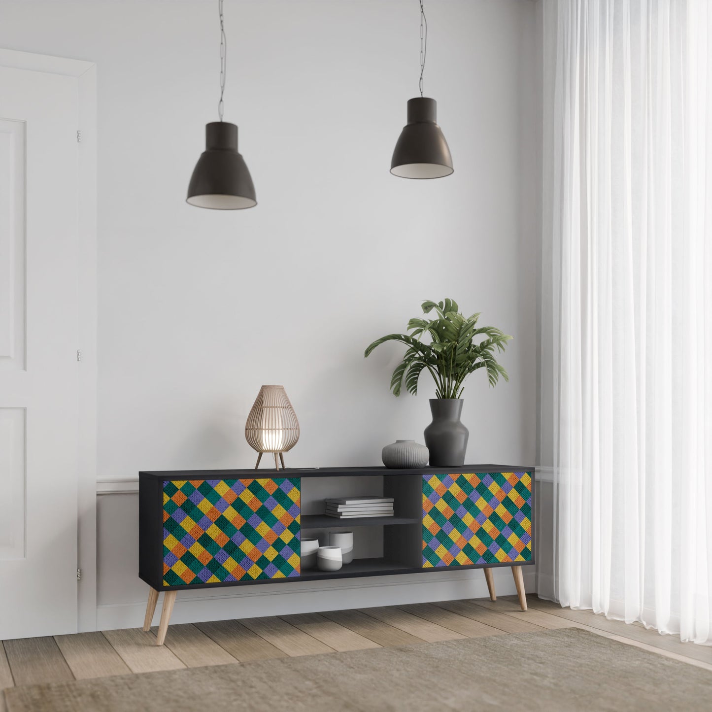 PAINTED SQUARES MIX 2-Door TV Stand in Black Finish