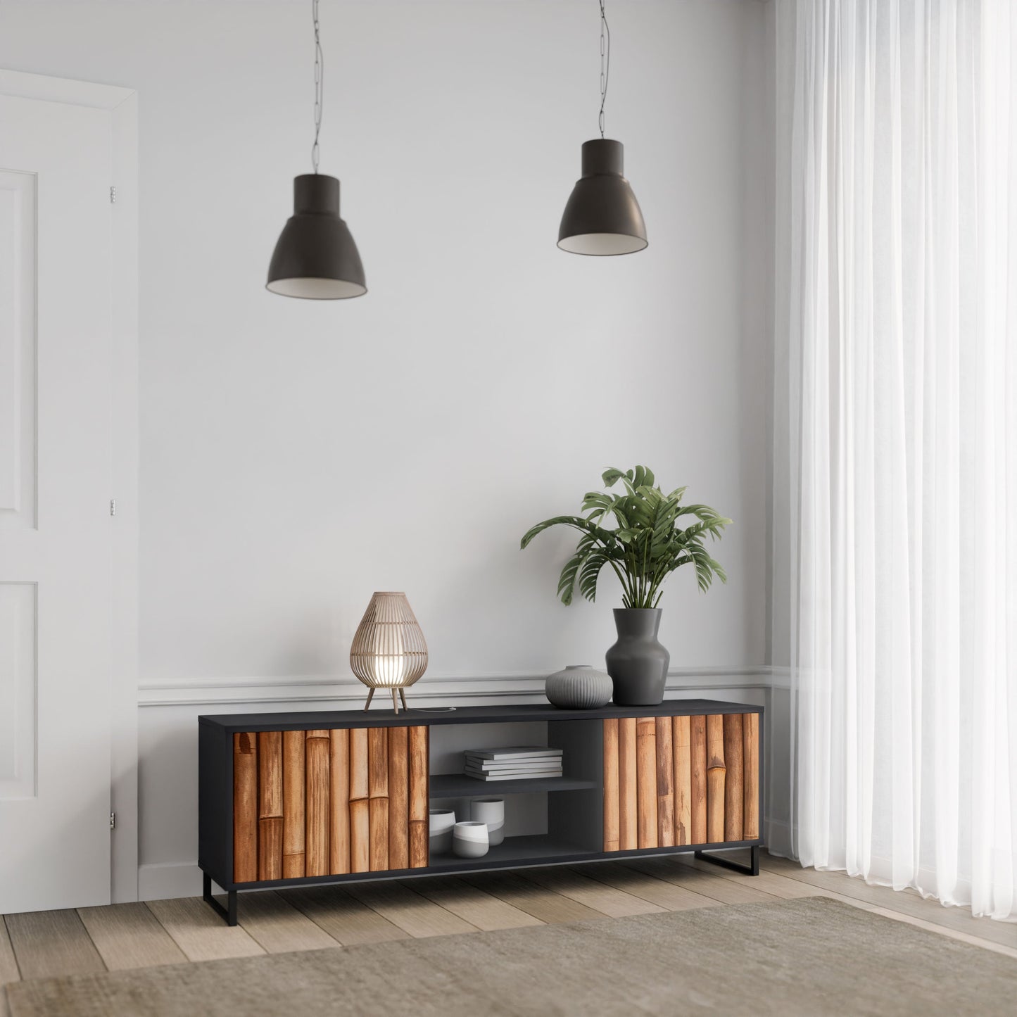 NATURAL WOOD 2-Door TV Stand in Black Finish