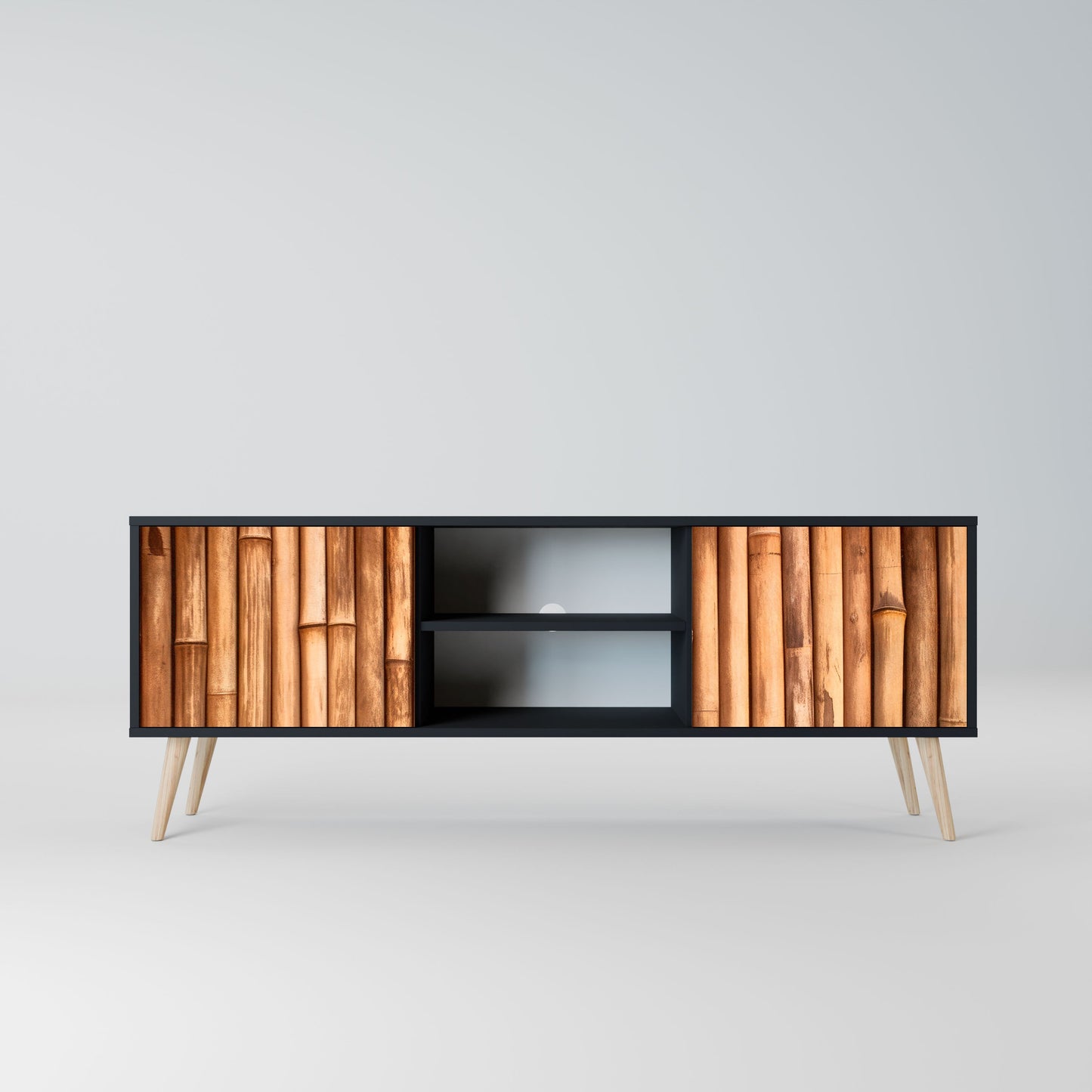 NATURAL WOOD 2-Door TV Stand in Black Finish