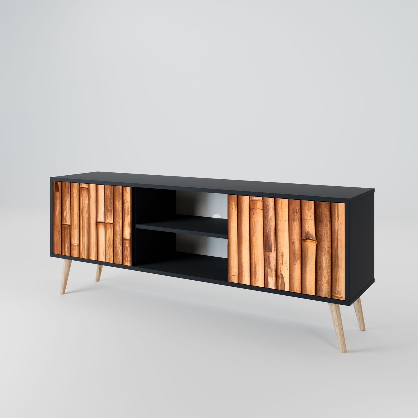 NATURAL WOOD 2-Door TV Stand in Black Finish