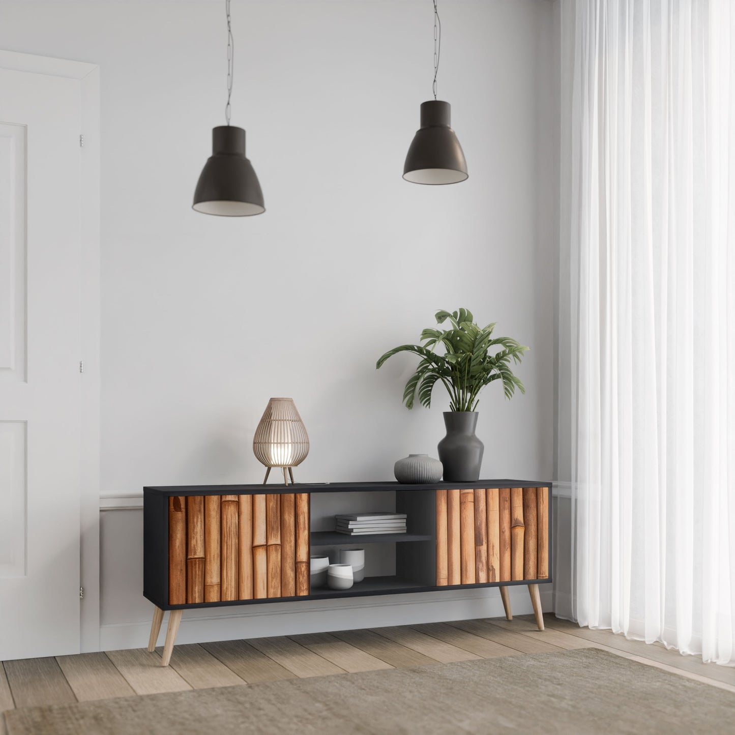 NATURAL WOOD 2-Door TV Stand in Black Finish