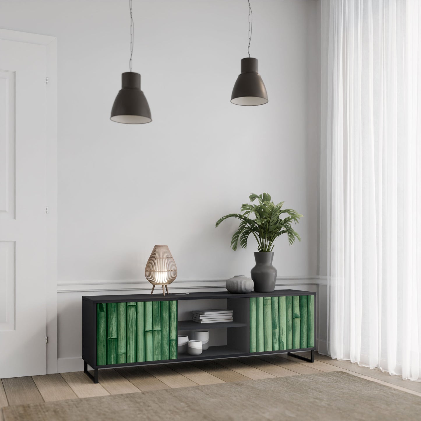 NATURAL GREEN 2-Door TV Stand in Black Finish