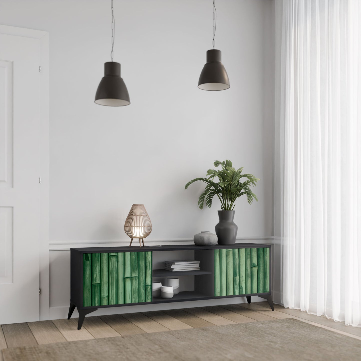 NATURAL GREEN 2-Door TV Stand in Black Finish
