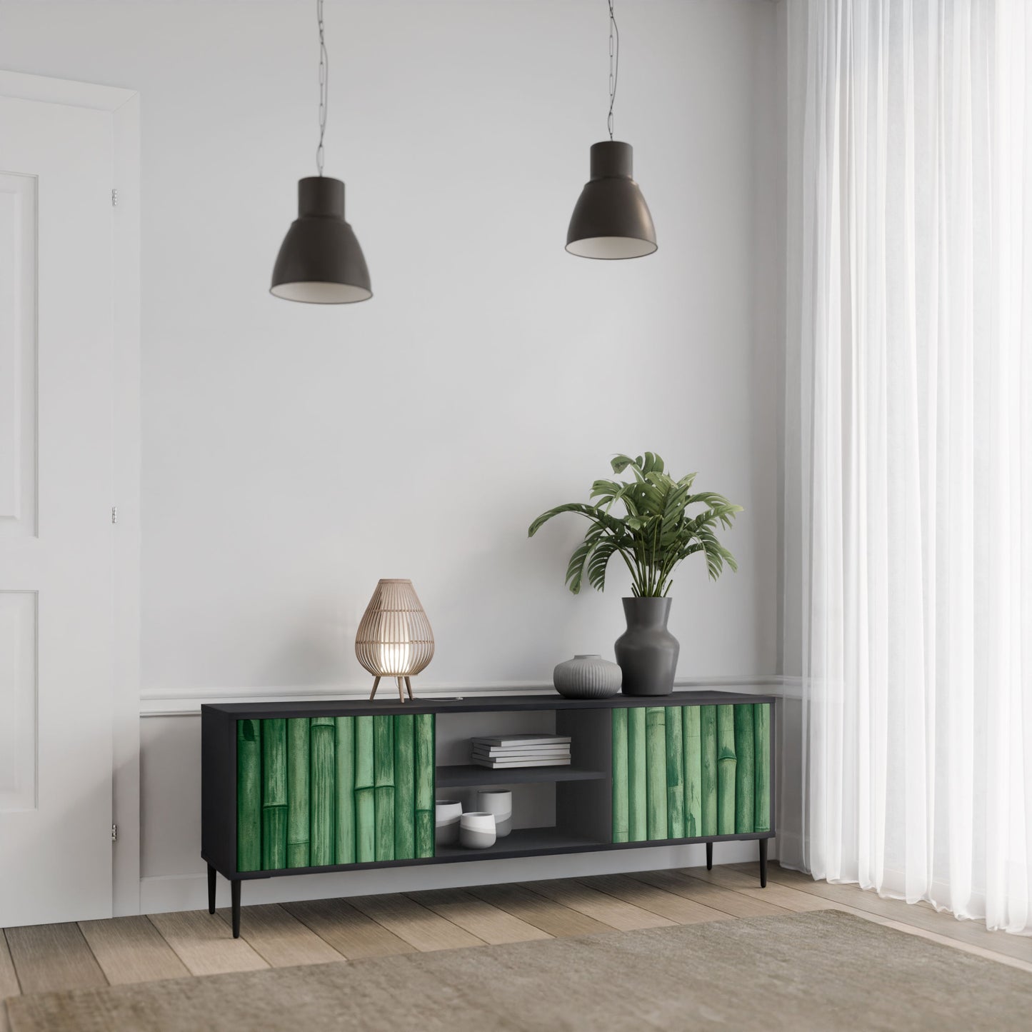 NATURAL GREEN 2-Door TV Stand in Black Finish