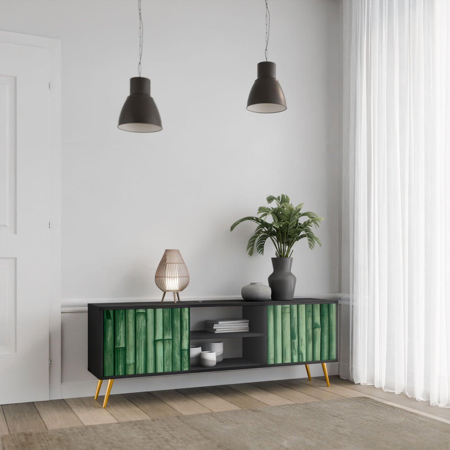 NATURAL GREEN 2-Door TV Stand in Black Finish