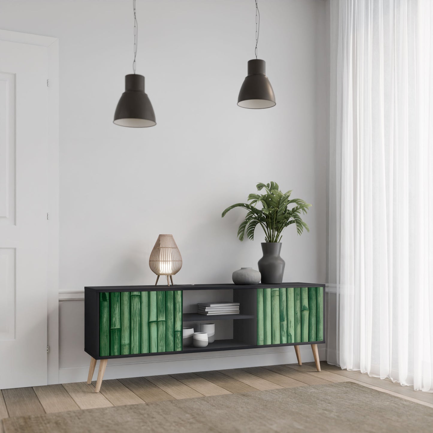 NATURAL GREEN 2-Door TV Stand in Black Finish