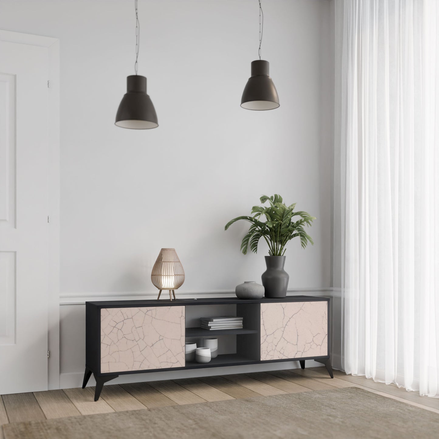 CERAMIC TEXTURE 2-Door TV Stand in Black Finish
