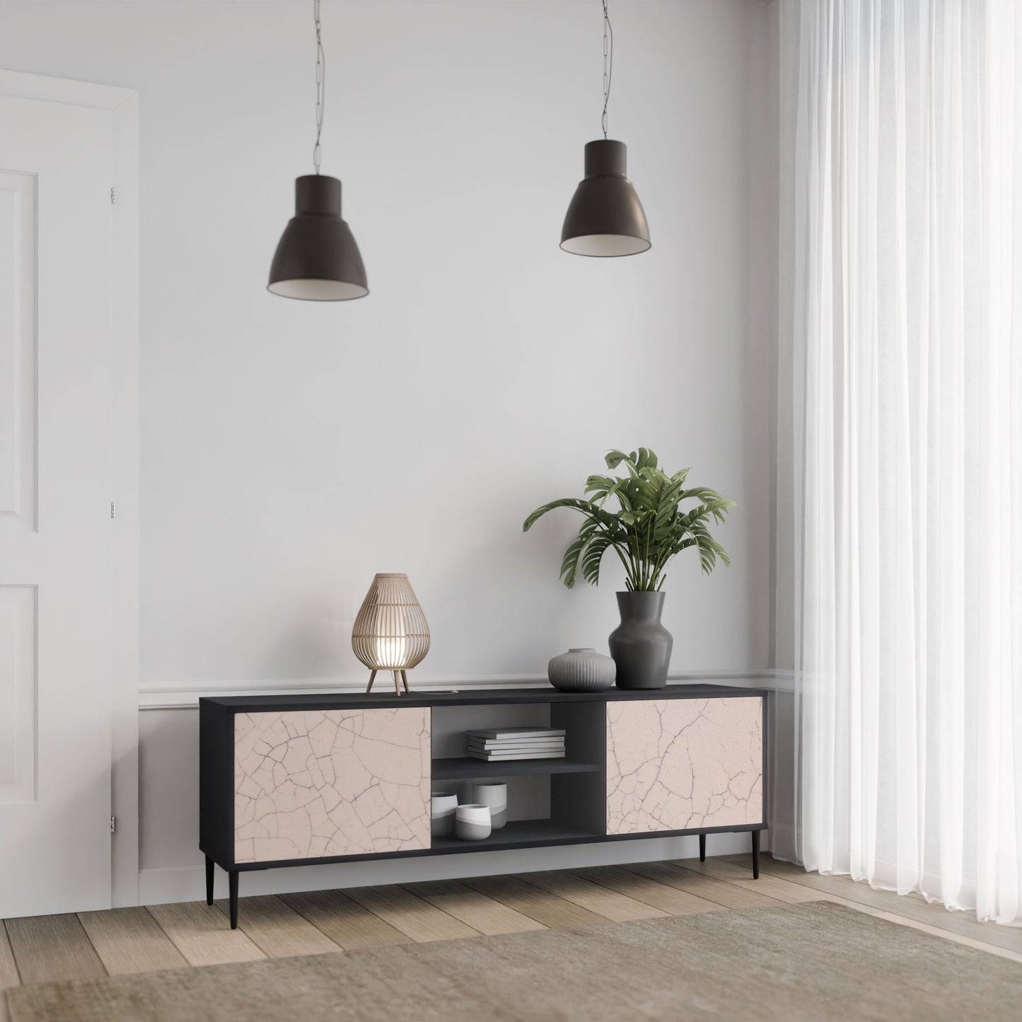 CERAMIC TEXTURE 2-Door TV Stand in Black Finish