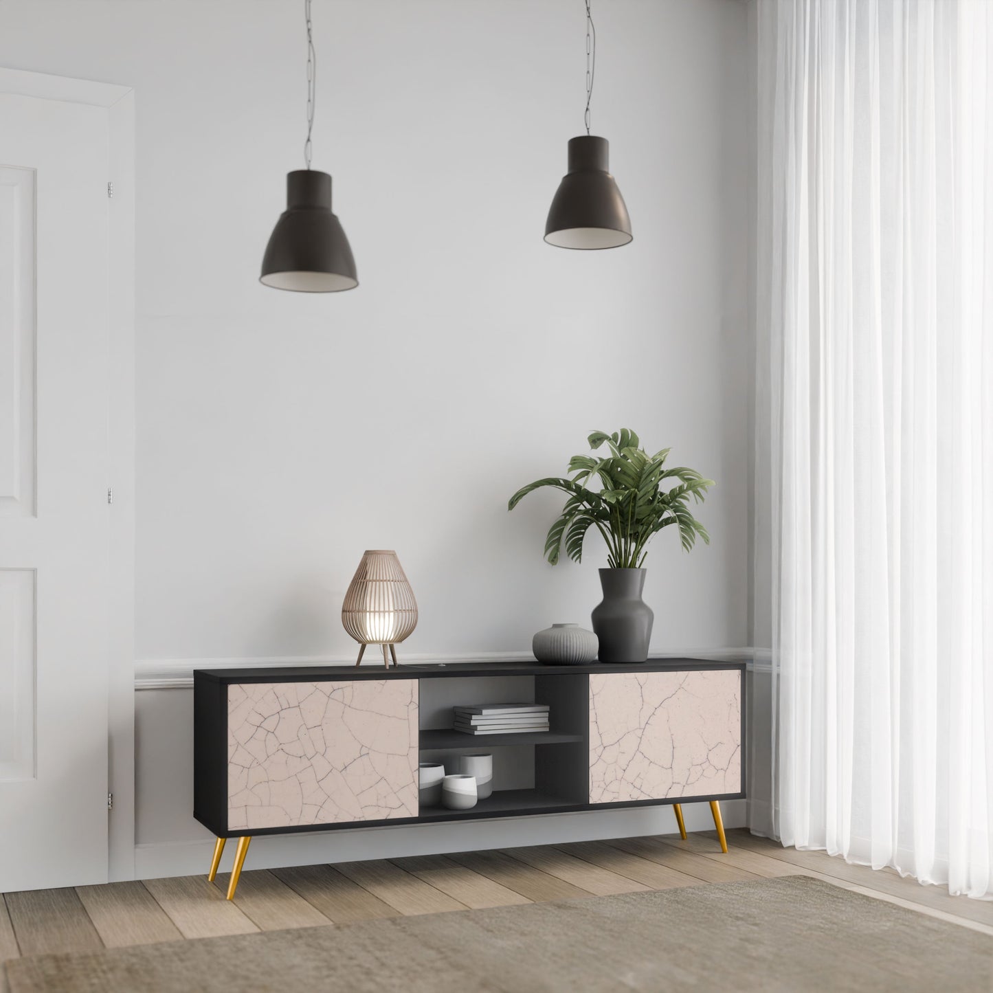 CERAMIC TEXTURE 2-Door TV Stand in Black Finish