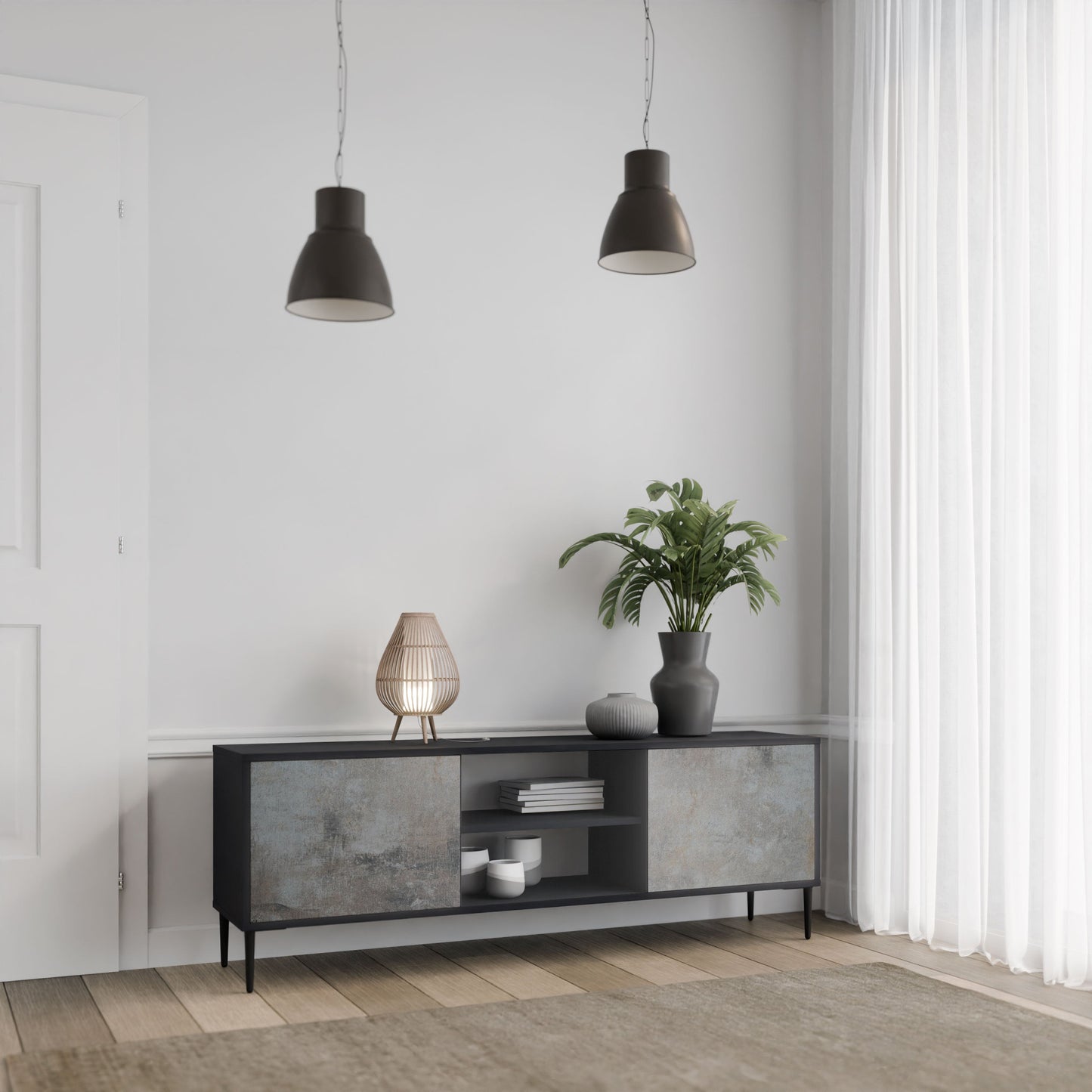 CONCRETE WALL 2-Door TV Stand in Black Finish